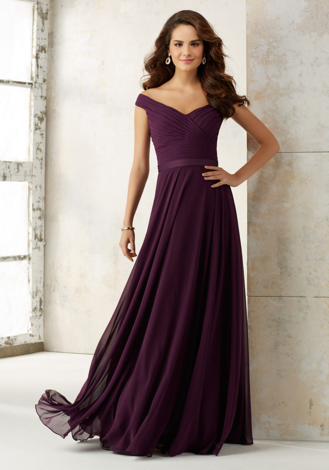 Chiffon Bridesmaids Dress with Off-the-Shoulder Neckline - Morilee Chiffon Bridesmaids Dress with Off-the-Shoulder Neckline - Morilee