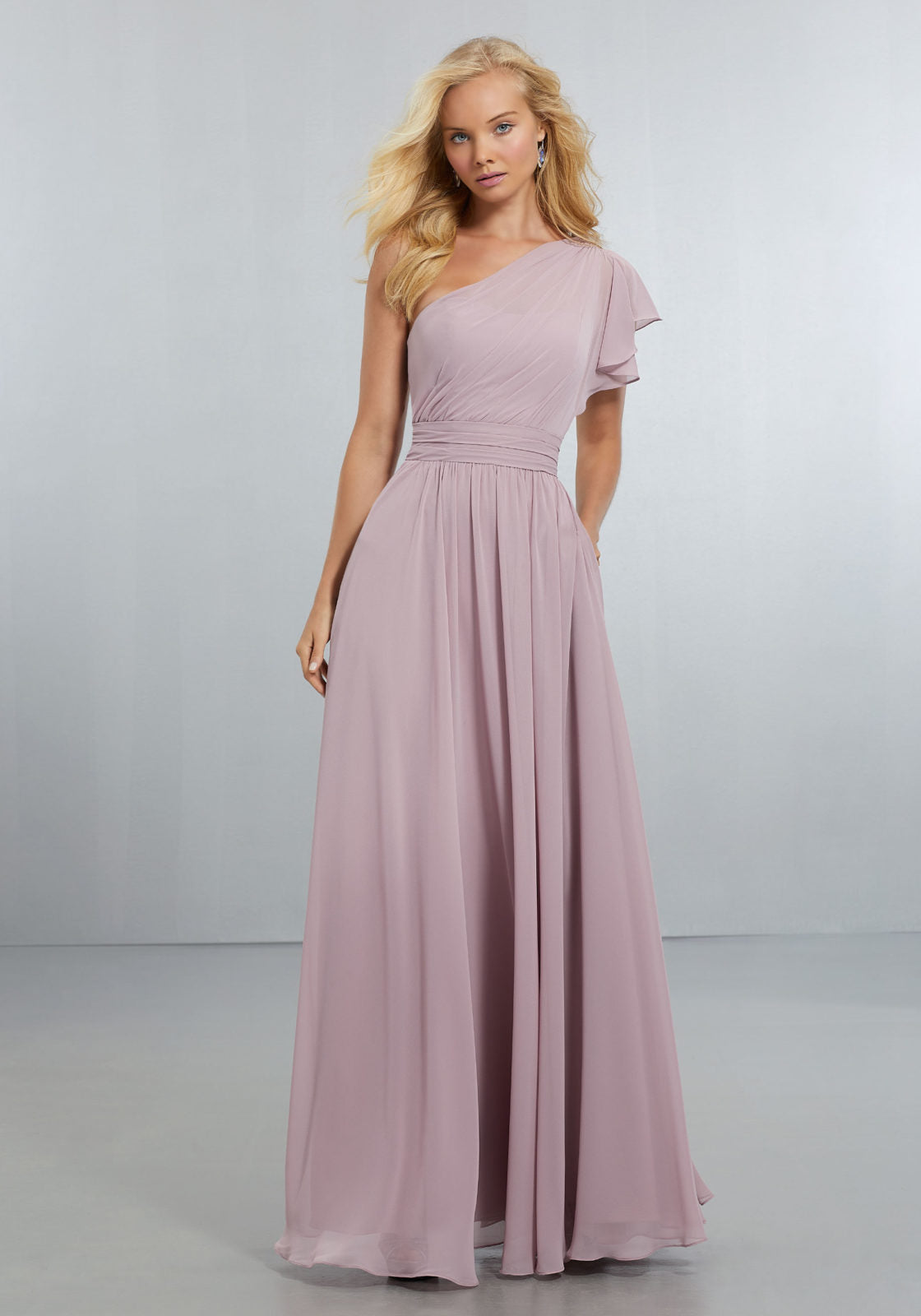 Chiffon Bridesmaids Dress with One Shoulder Flounced Sleeve - Morilee Chiffon Bridesmaids Dress with One Shoulder Flounced Sleeve - Morilee