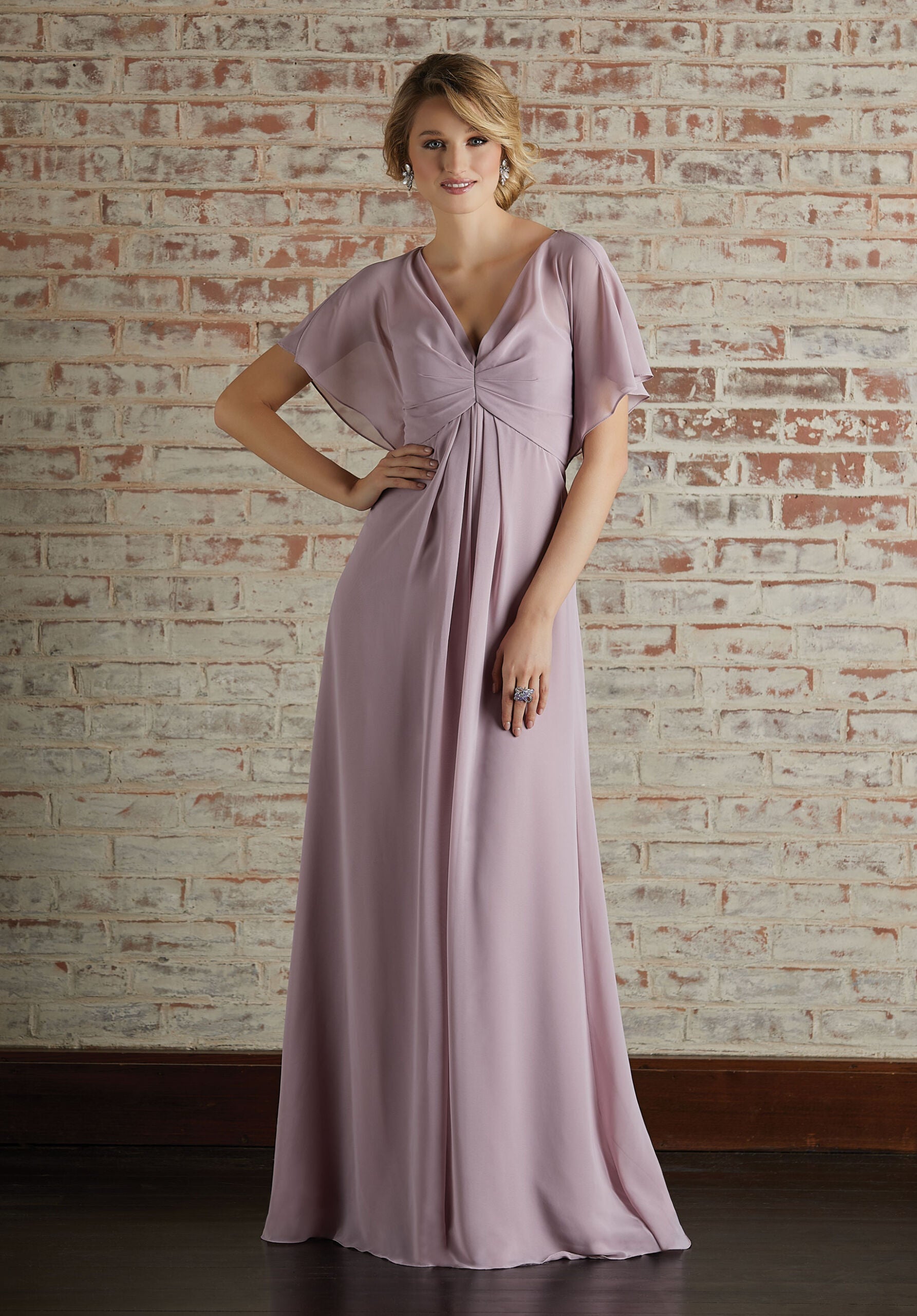 Chiffon Bridesmaid Dress with Capelet Style Sleeves and V-Neckline - Morilee Chiffon Bridesmaid Dress with Capelet Style Sleeves and V-Neckline - Morilee