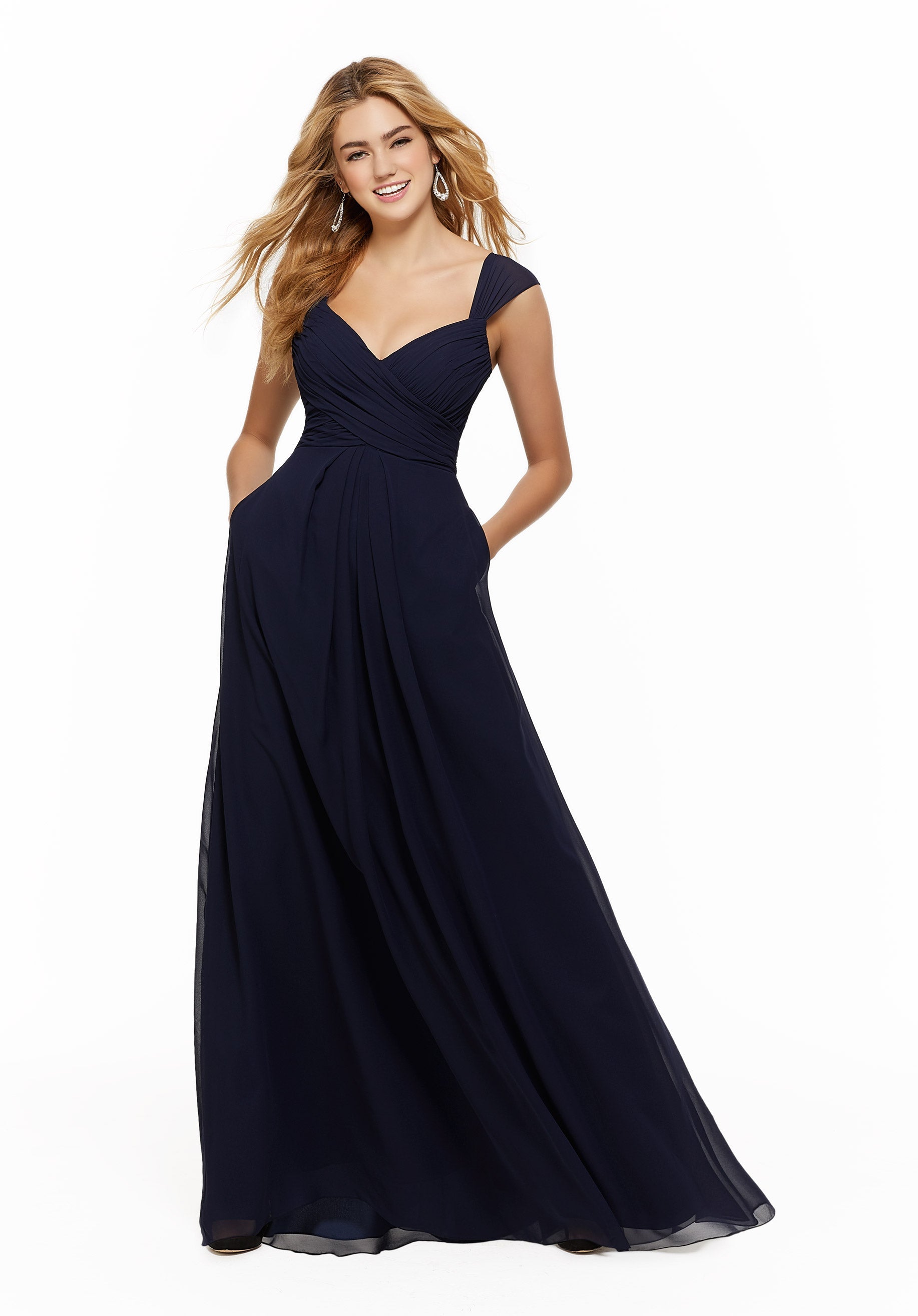 Chiffon Bridesmaid Dress with Ruched Draped Bodice and Watteau Back - Morilee Chiffon Bridesmaid Dress with Ruched Draped Bodice and Watteau Back - Morilee