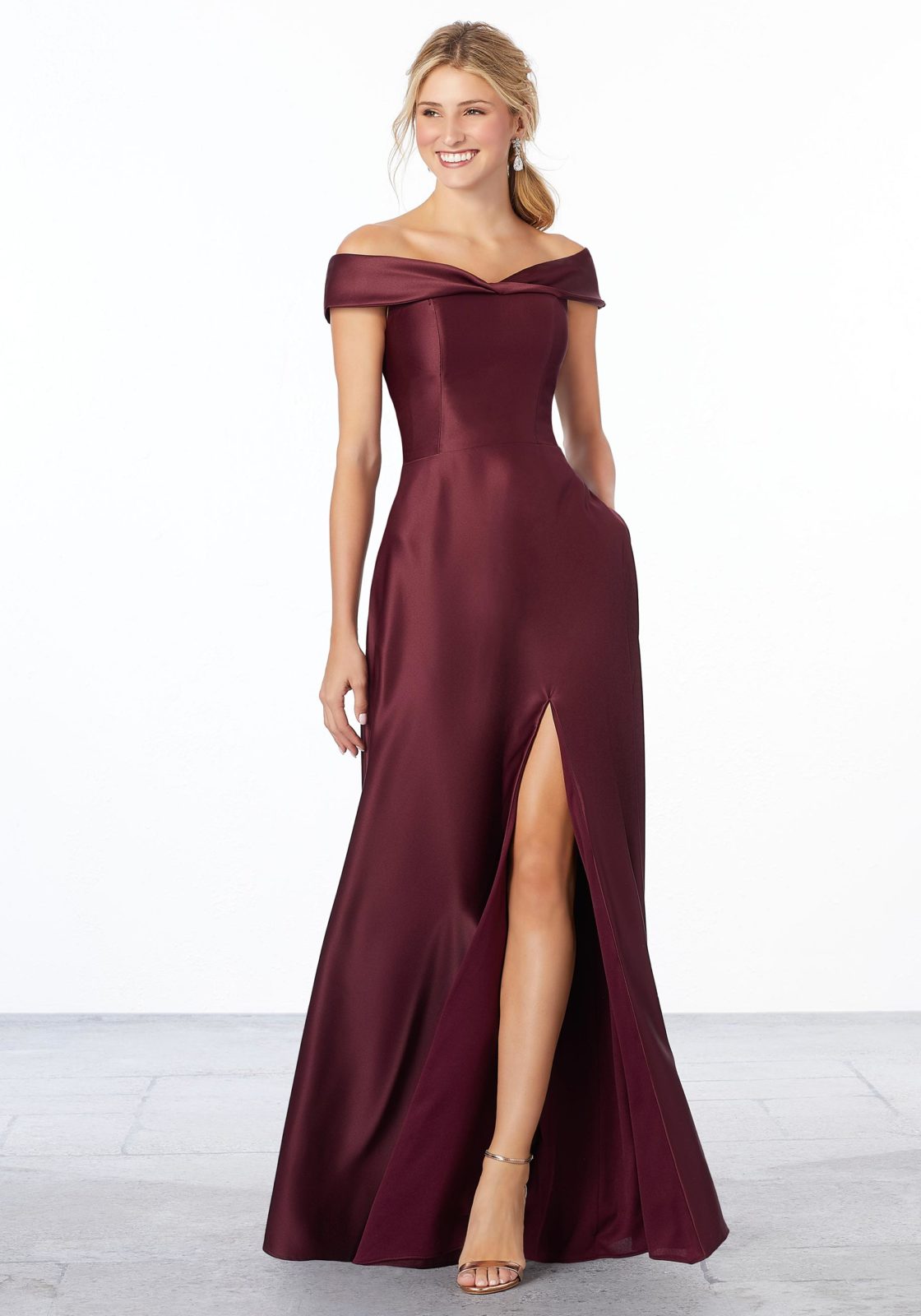 Satin Off-The-Shoulder Bridesmaid Dress - Morilee Satin Off-The-Shoulder Bridesmaid Dress - Morilee