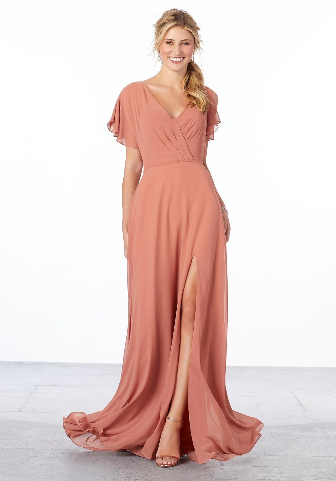Chiffon Bridesmaid Dress with Flutter Sleeve and Front Slit - Morilee Chiffon Bridesmaid Dress with Flutter Sleeve and Front Slit - Morilee