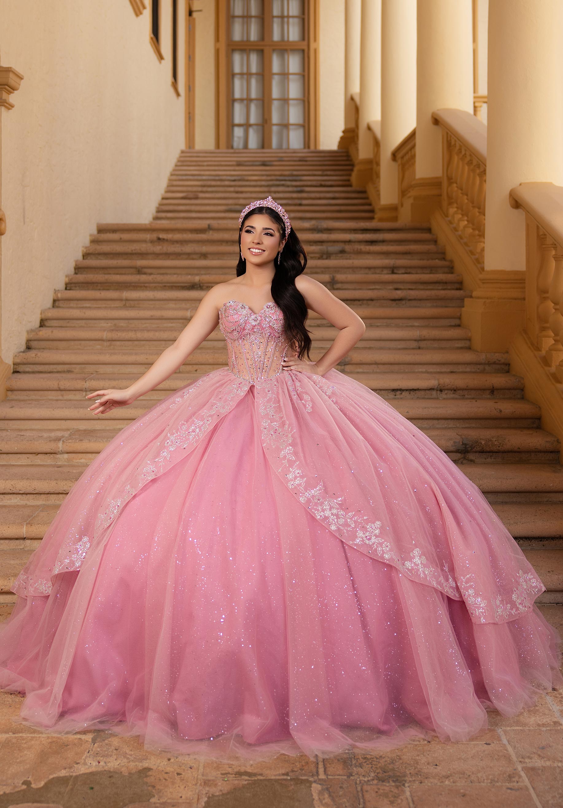 Sheer Chandelier Beaded Floral Glitter Quinceañera Dress - Morilee