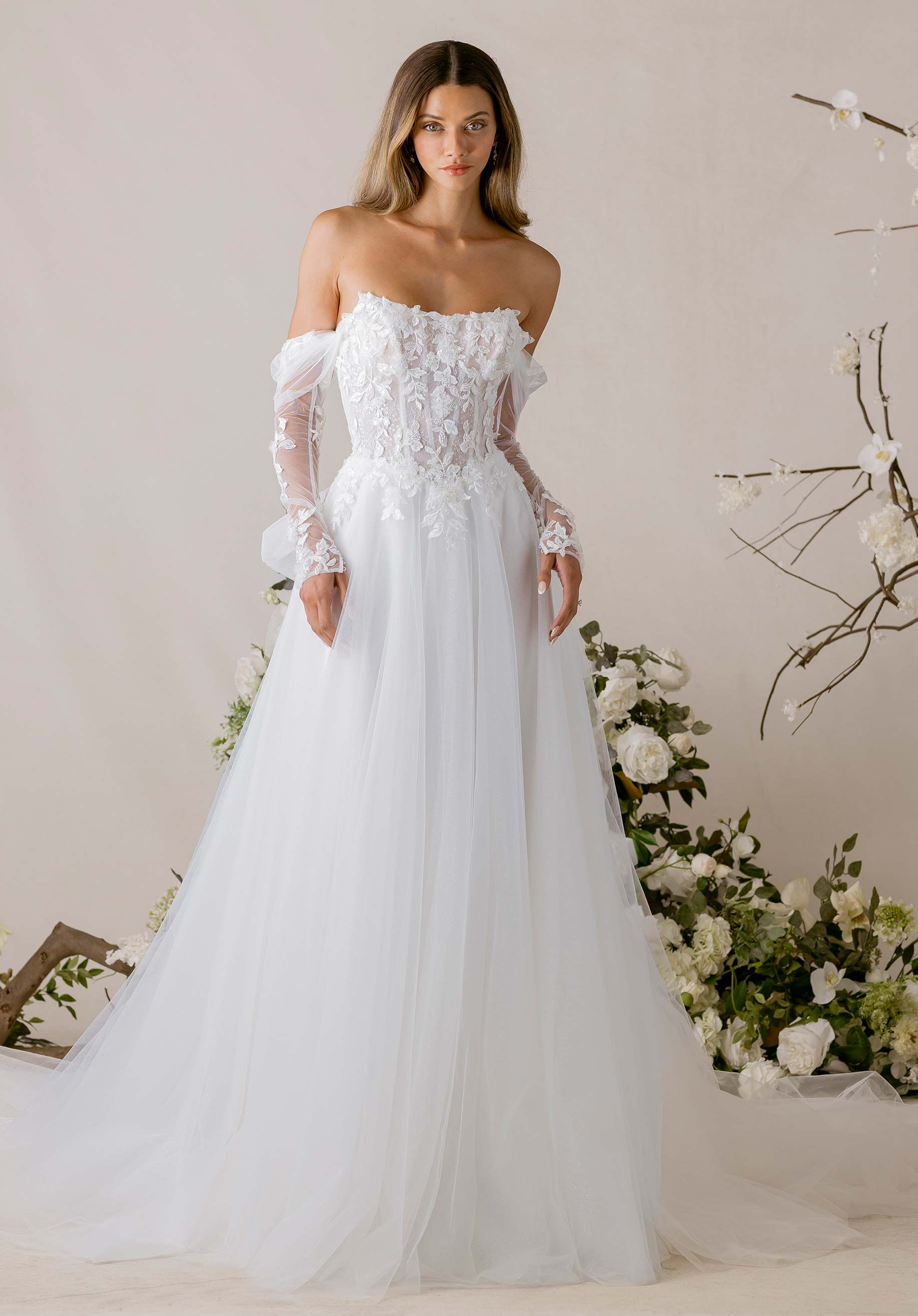 mori lee a line wedding dress Mori Lee 4115 Judith Plunging Neckline Detachable Sleeve Wedding Dress