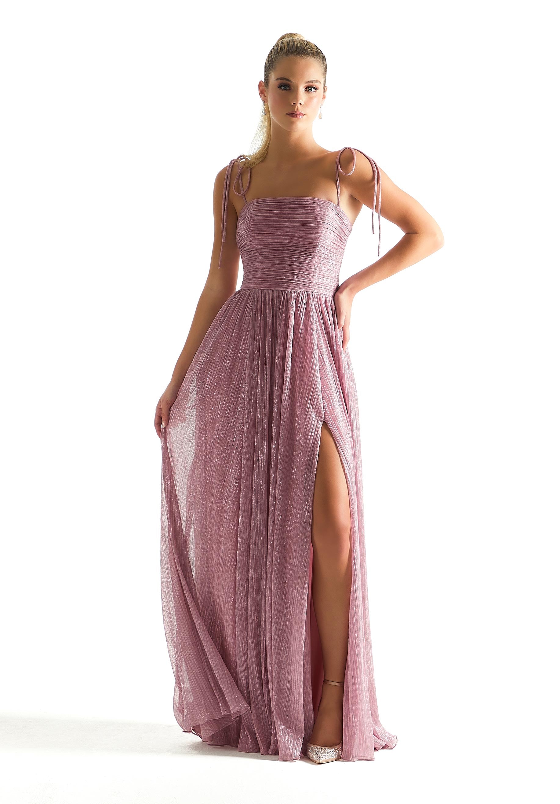 Pleated Shimmer Bridesmaid Dress with Tie Straps - Morilee Pleated Shimmer Bridesmaid Dress with Tie Straps - Morilee