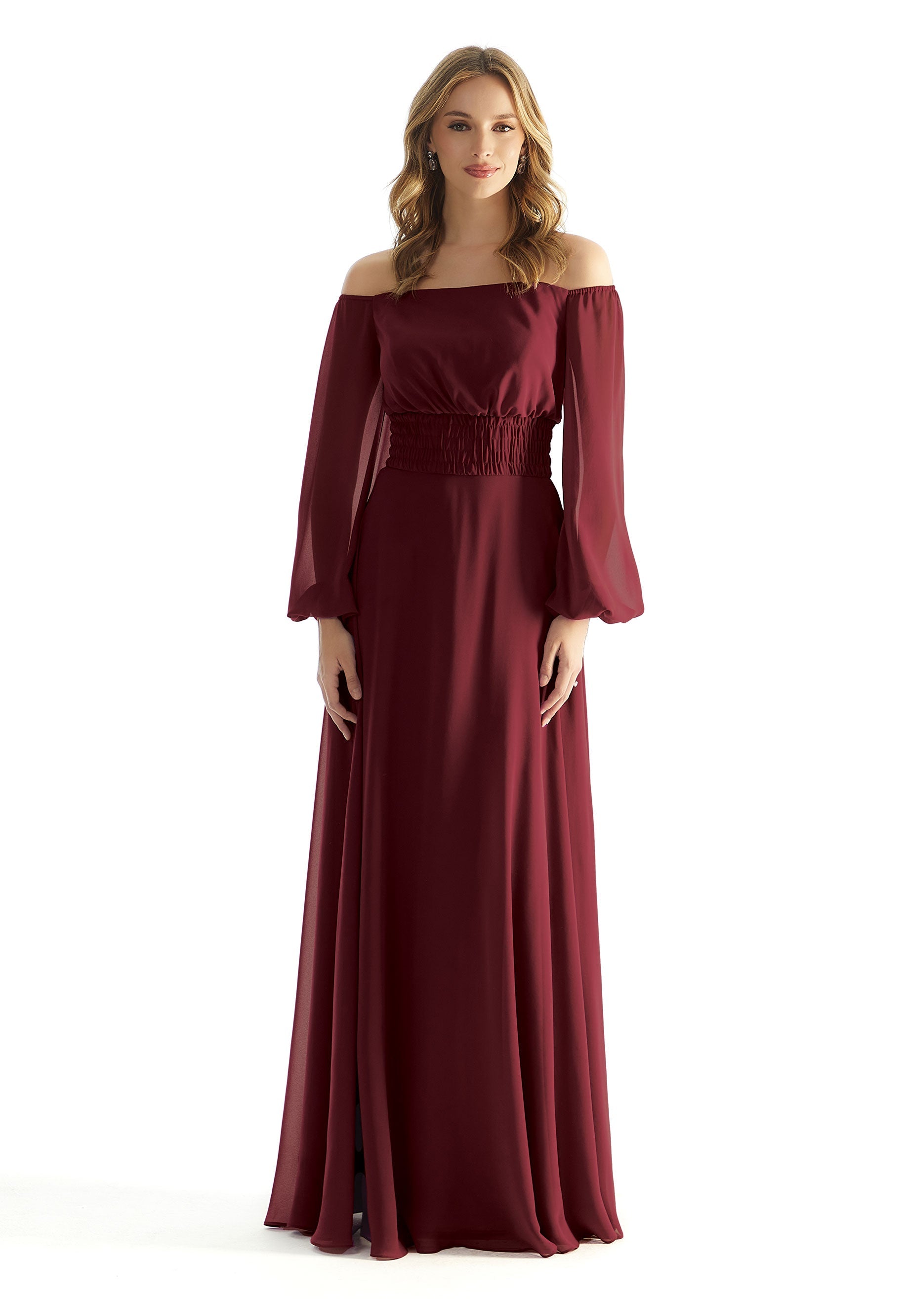 Off The Shoulder Chiffon Bridesmaid Dress with Ruched Waist - Morilee Off The Shoulder Chiffon Bridesmaid Dress with Ruched Waist - Morilee