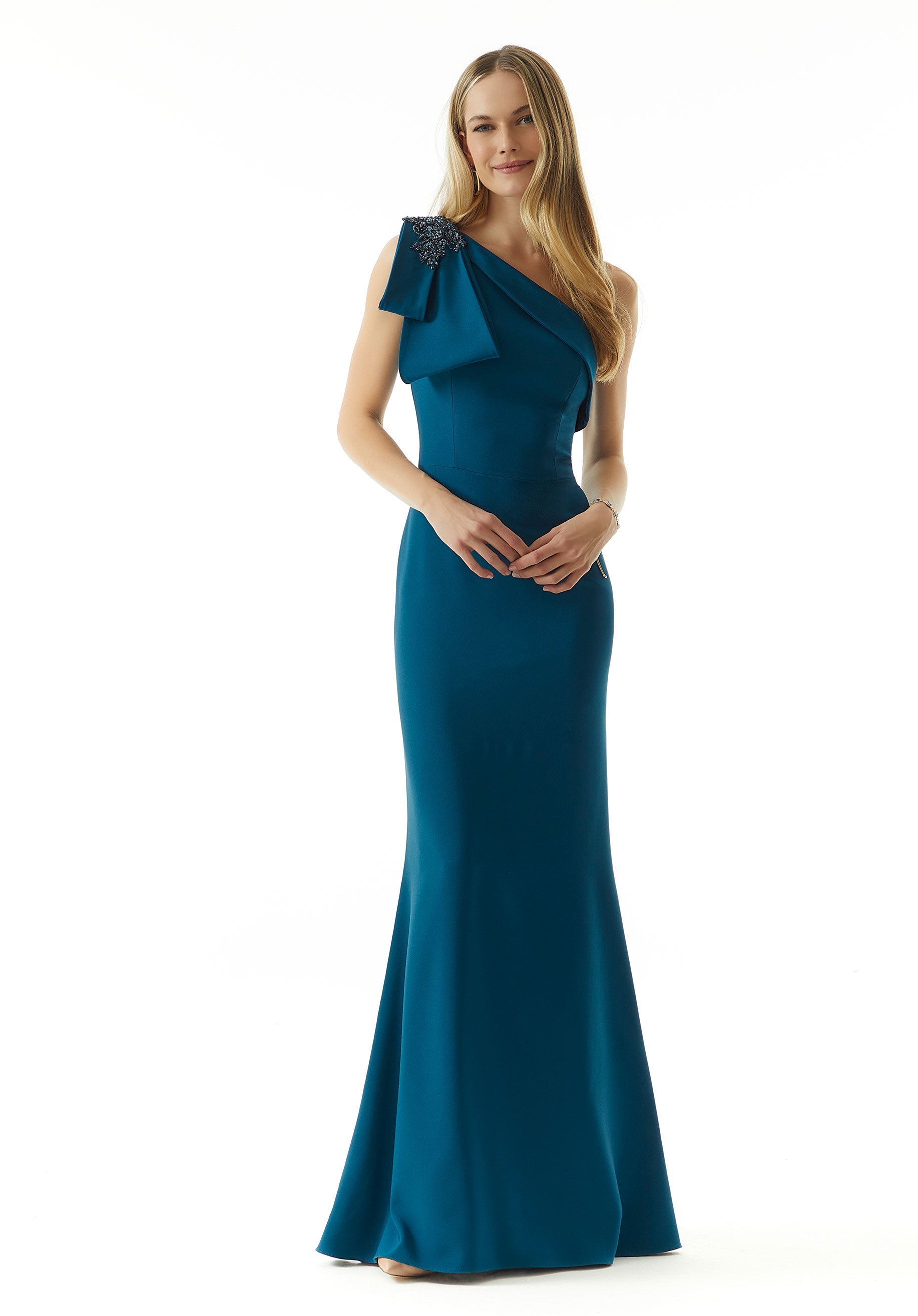 One Shoulder Fit and Flare Evening Gown in Stretch Crepe