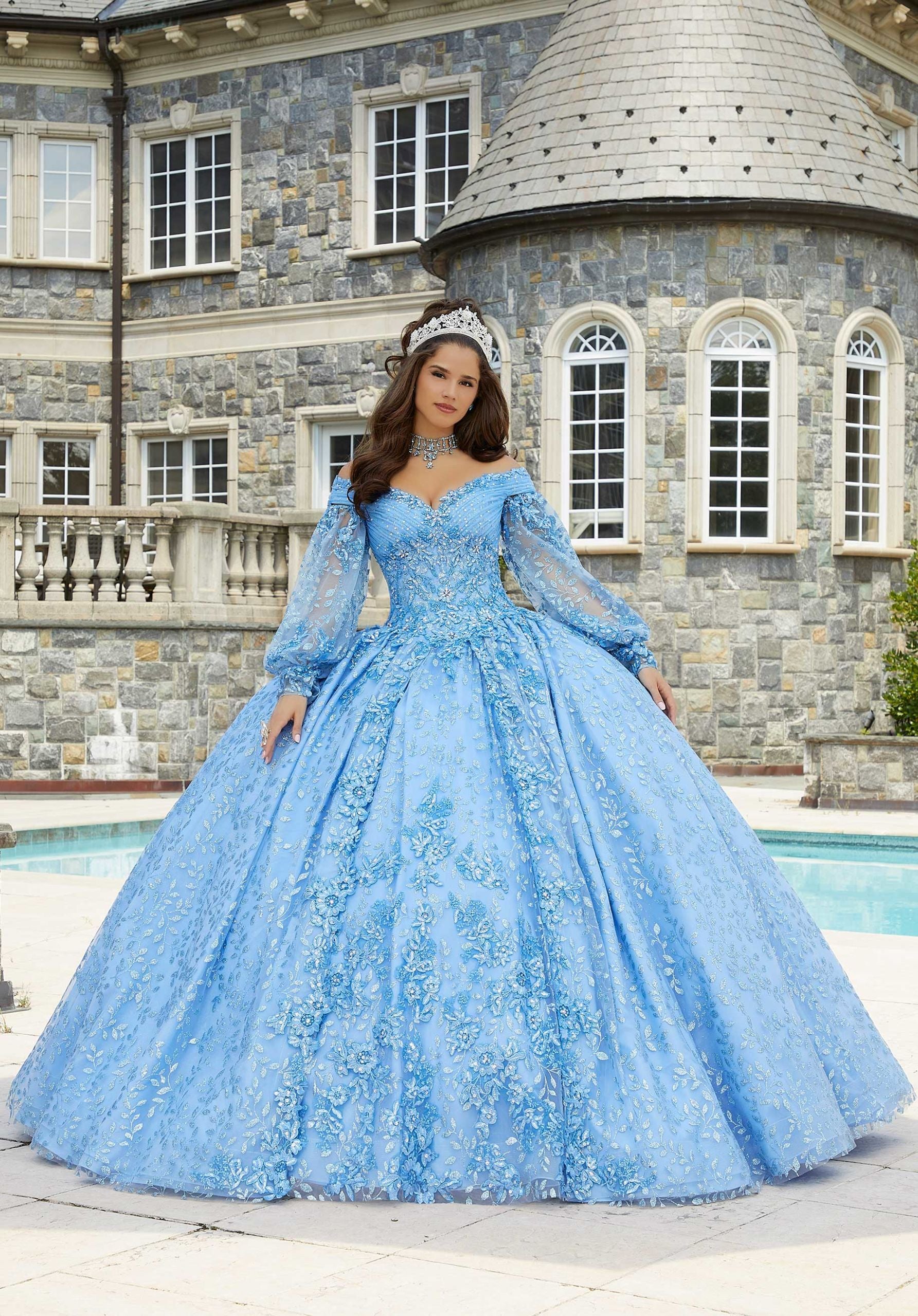Patterned Glitter Tulle Quinceañera Dress with Bishop