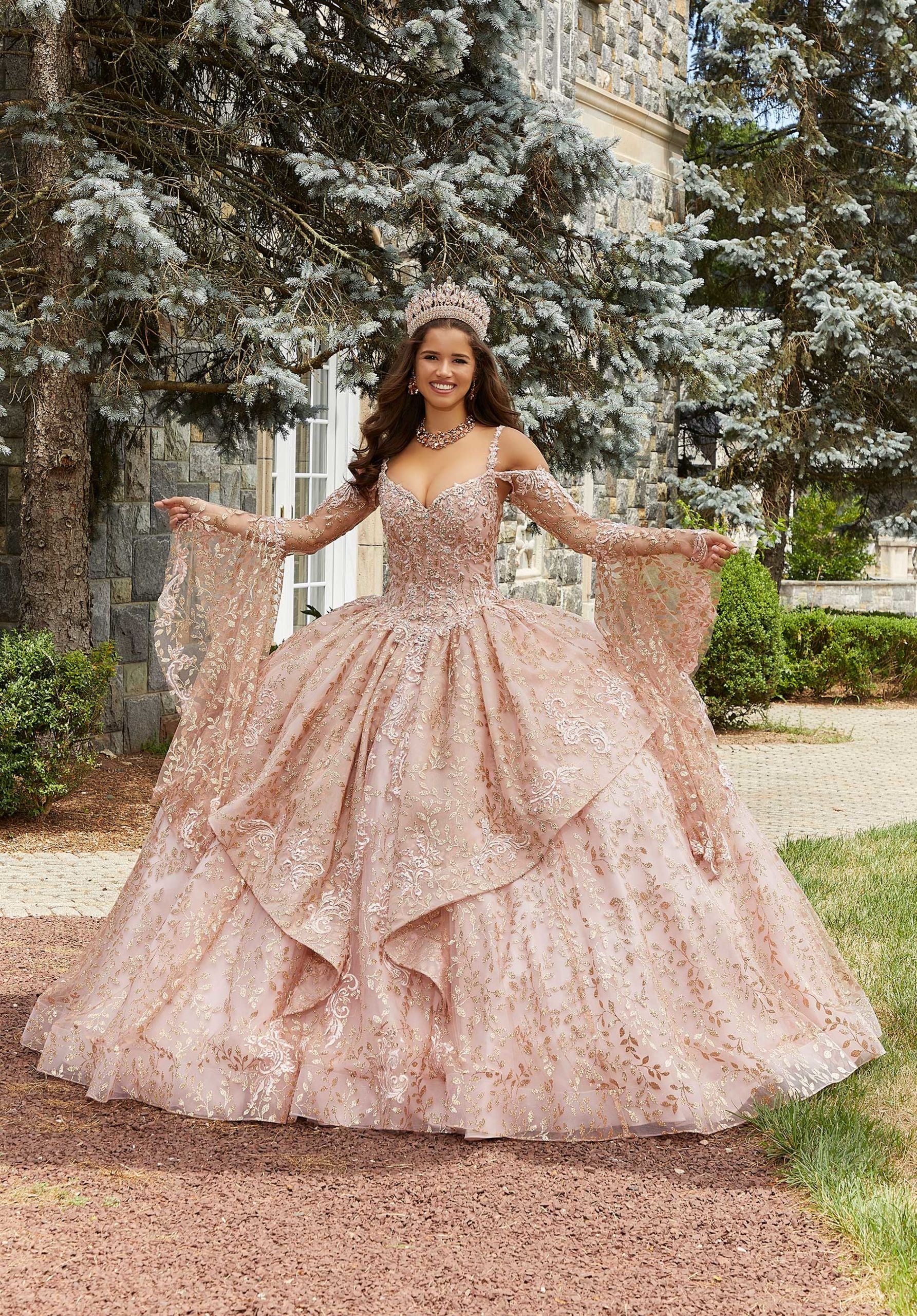 Glitter Quinceanera Dresses 2020 Glitter Tulle Ball Gown W/ Stone-Accented Sleeves Back Bow Glitter Quinceanera Dresses 2020 Glitter Tulle Ball Gown W/ Stone-Accented Sleeves Back Bow
