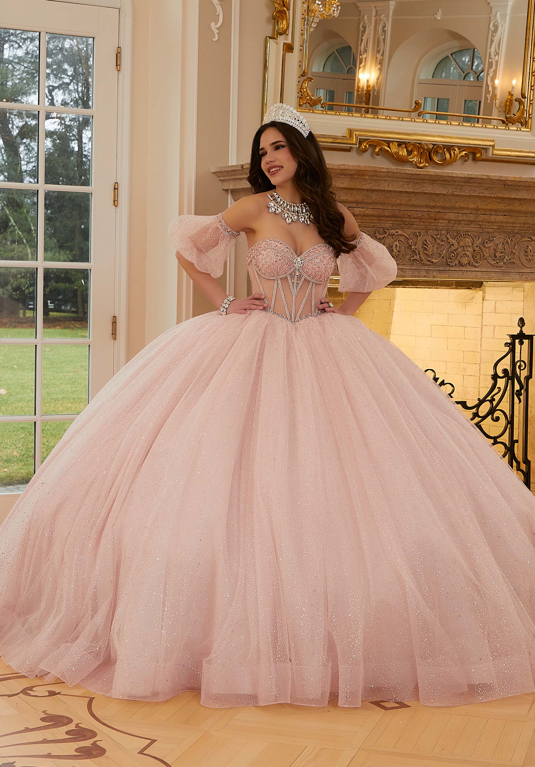 Pearl and Crystal Beaded Sparkle Tulle Quinceañera Dress with Back – Morilee