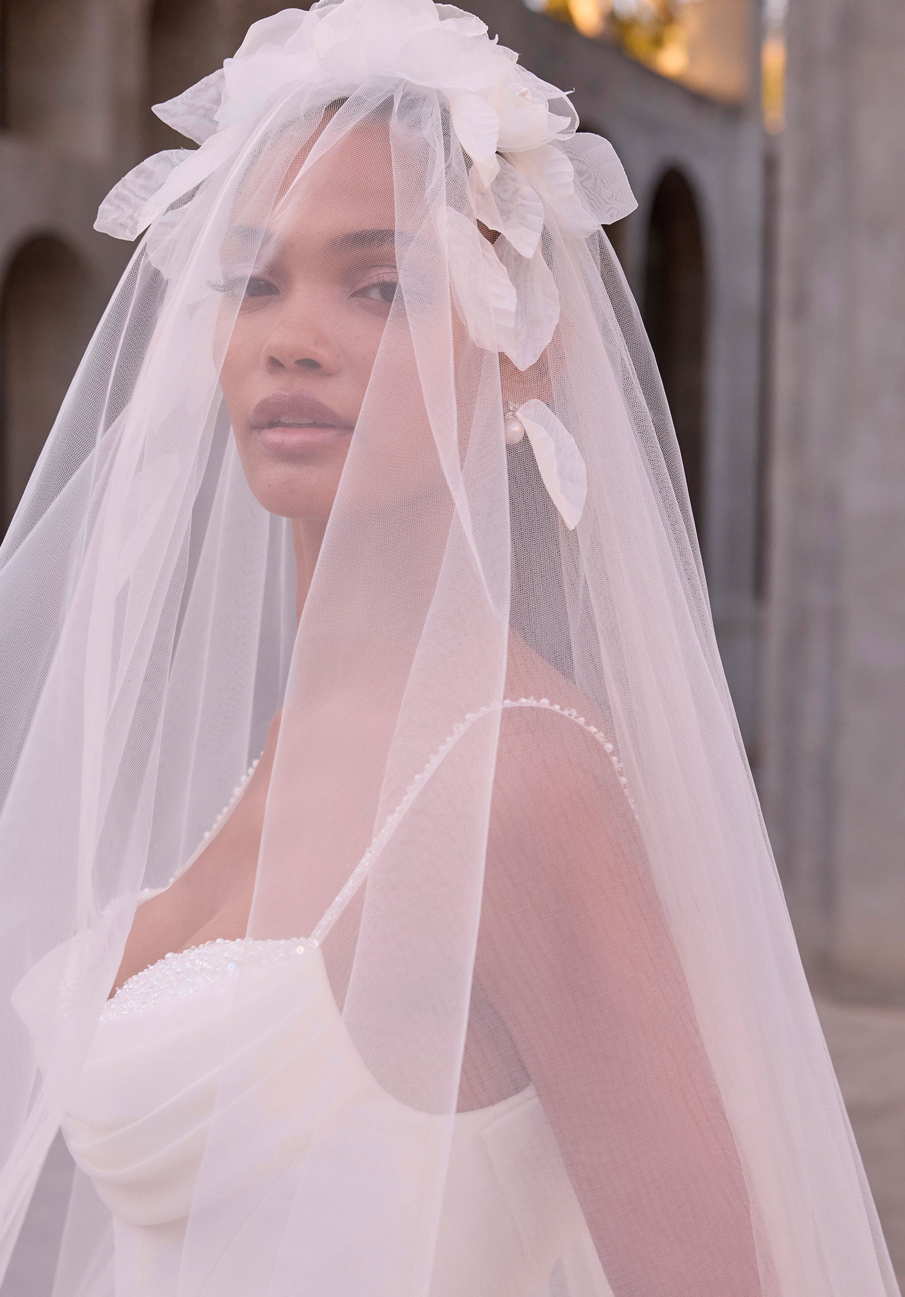 Organza petals embroidered tulle cathedral veil with blusher Morilee organza-petals-embroidered-tulle-cathedral-veil-with-blusher-morilee
