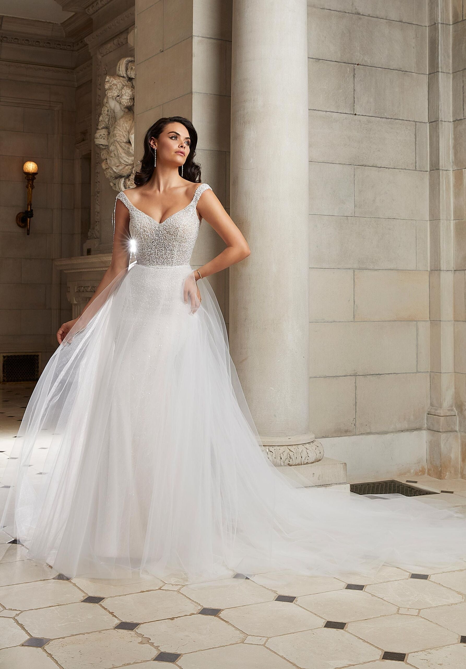 Tulle Overskirt with Pearl and Crystal Beaded Trim