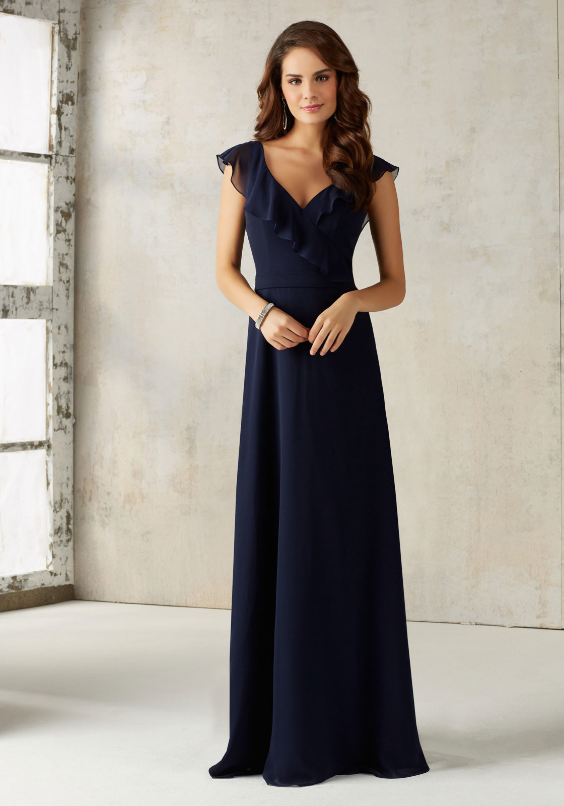 Chiffon Bridesmaids Dress with V-neck and Ruffle Neckline Morilee