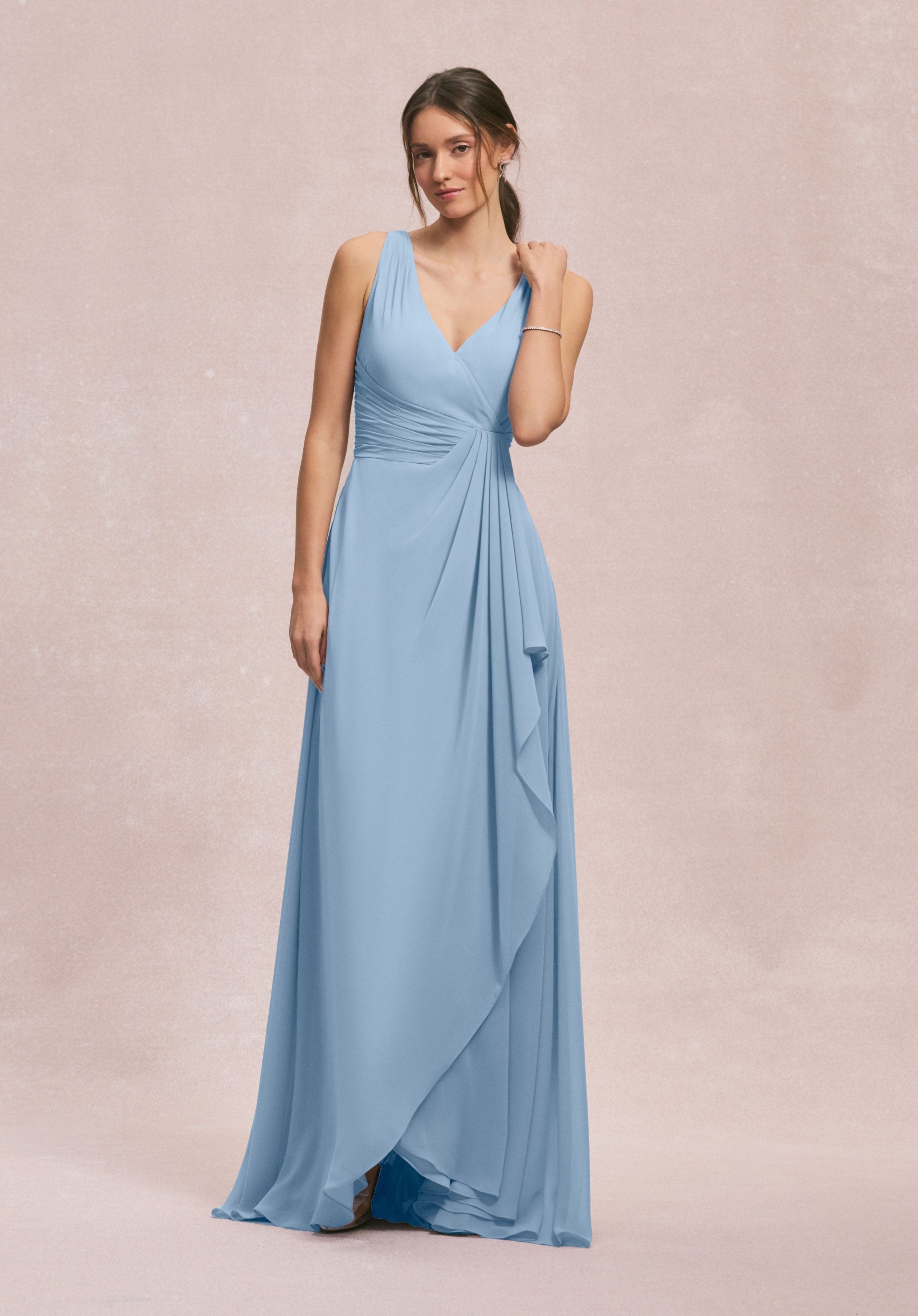 V-Neck Chiffon Bridesmaid Dress with Cascading Ruffle Morilee