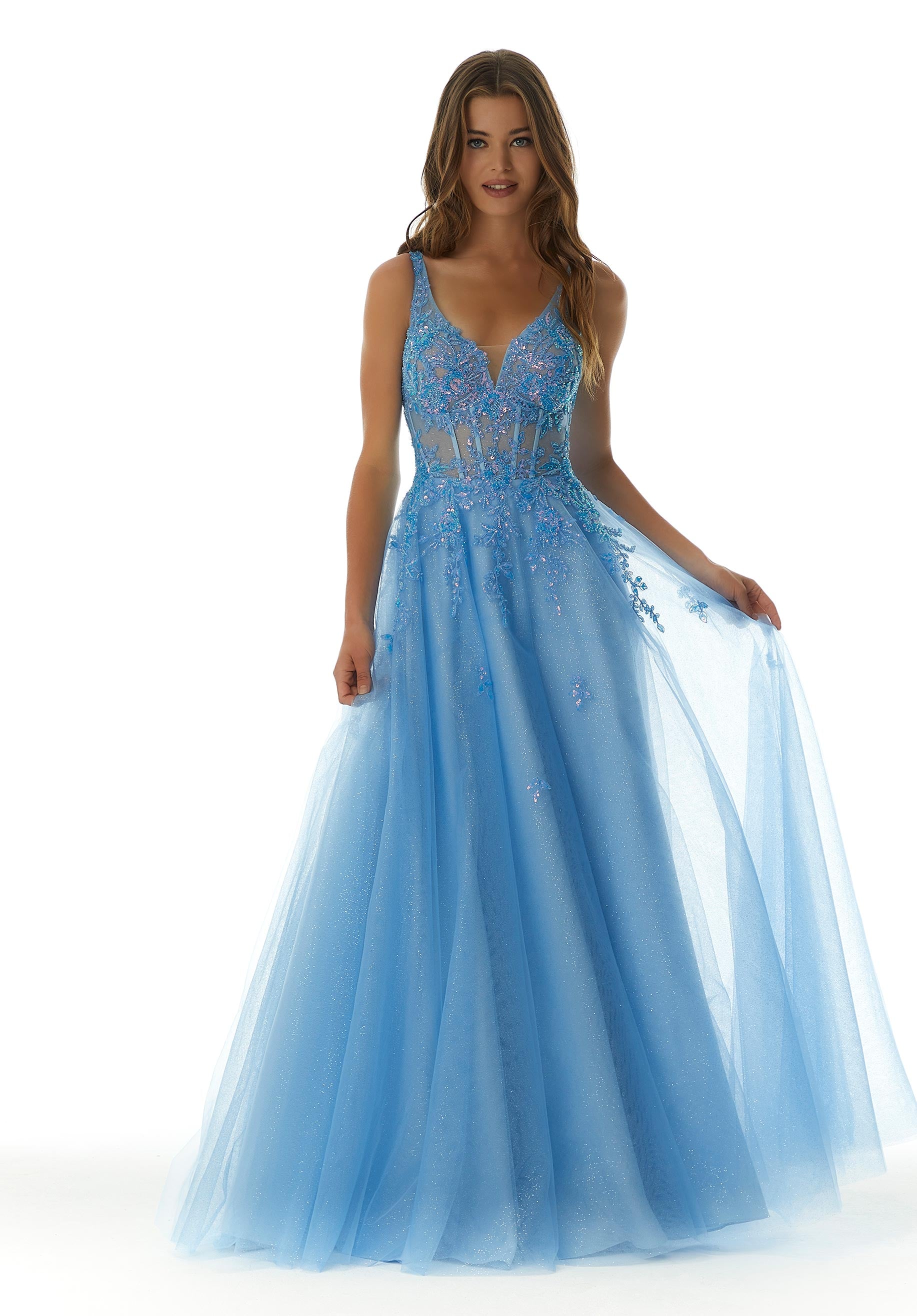 Tulle A-line prom dress with v-neckline and strappy, corset back.
