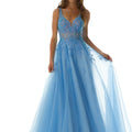 Tulle A-line prom dress with v-neckline and strappy, corset back.