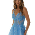 Tulle A-line prom dress with v-neckline and strappy, corset back.