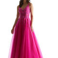 Tulle A-line prom dress with v-neckline and strappy, corset back.