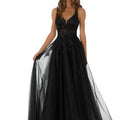 Tulle A-line prom dress with v-neckline and strappy, corset back.