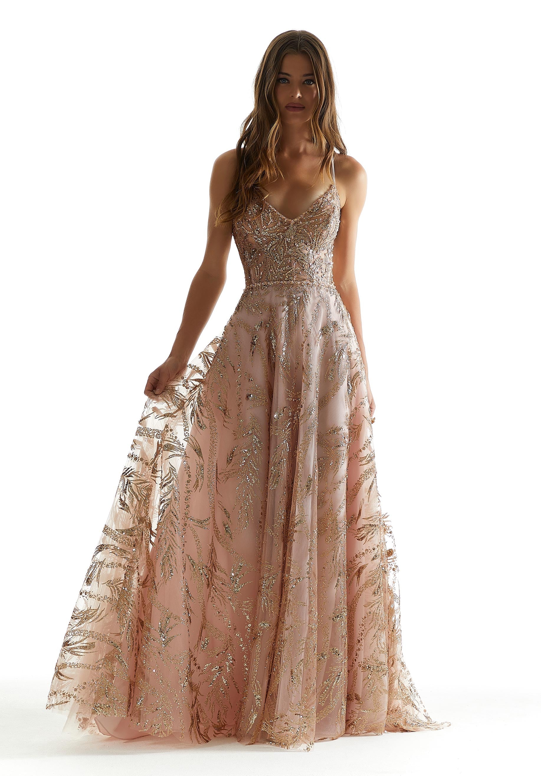 V-Neck Patterned Glitter A-Line Party Dress with Beaded Trim