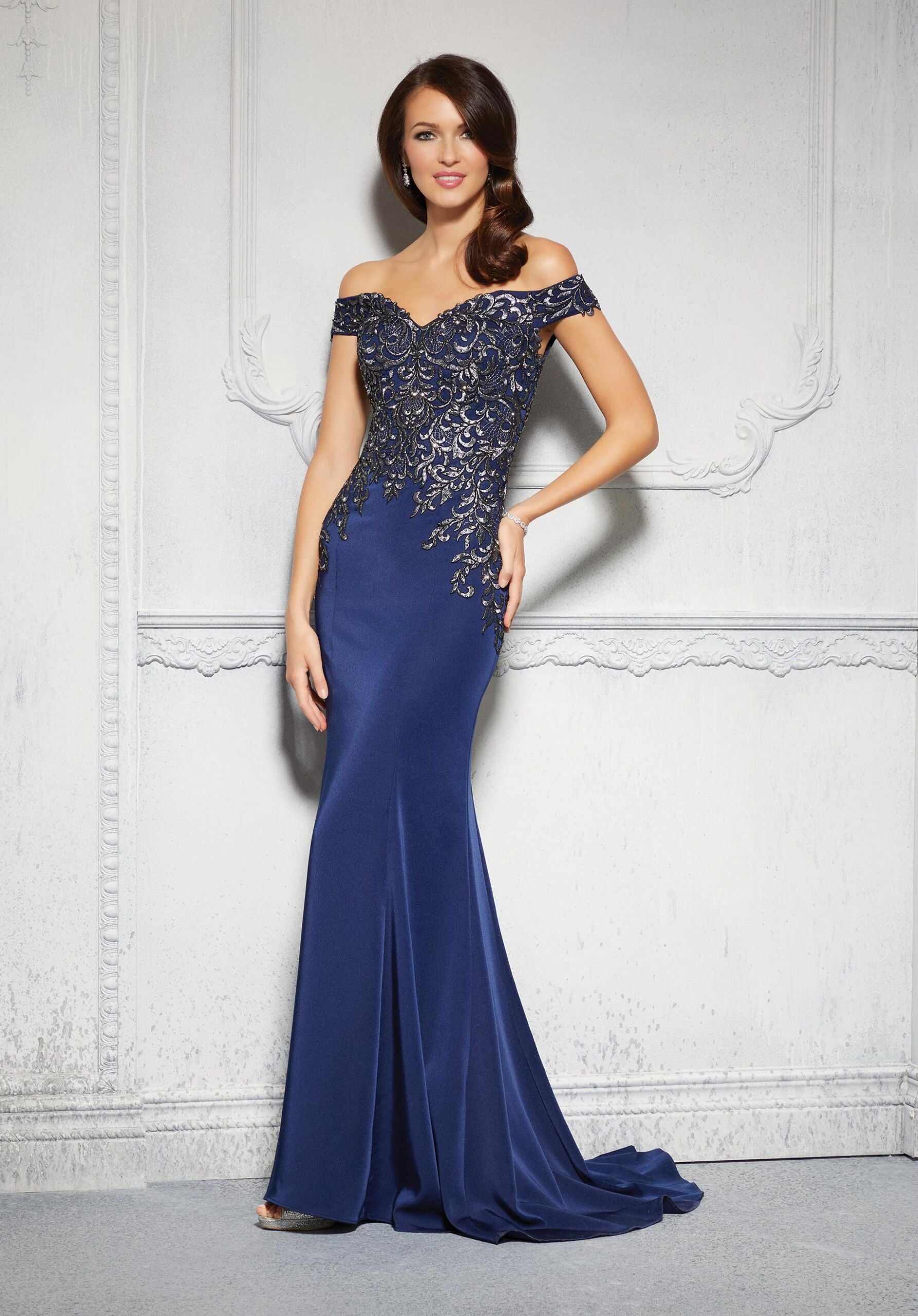Form Fitting Special Occasion Gown with Beaded Embroidery on Crepe Morilee