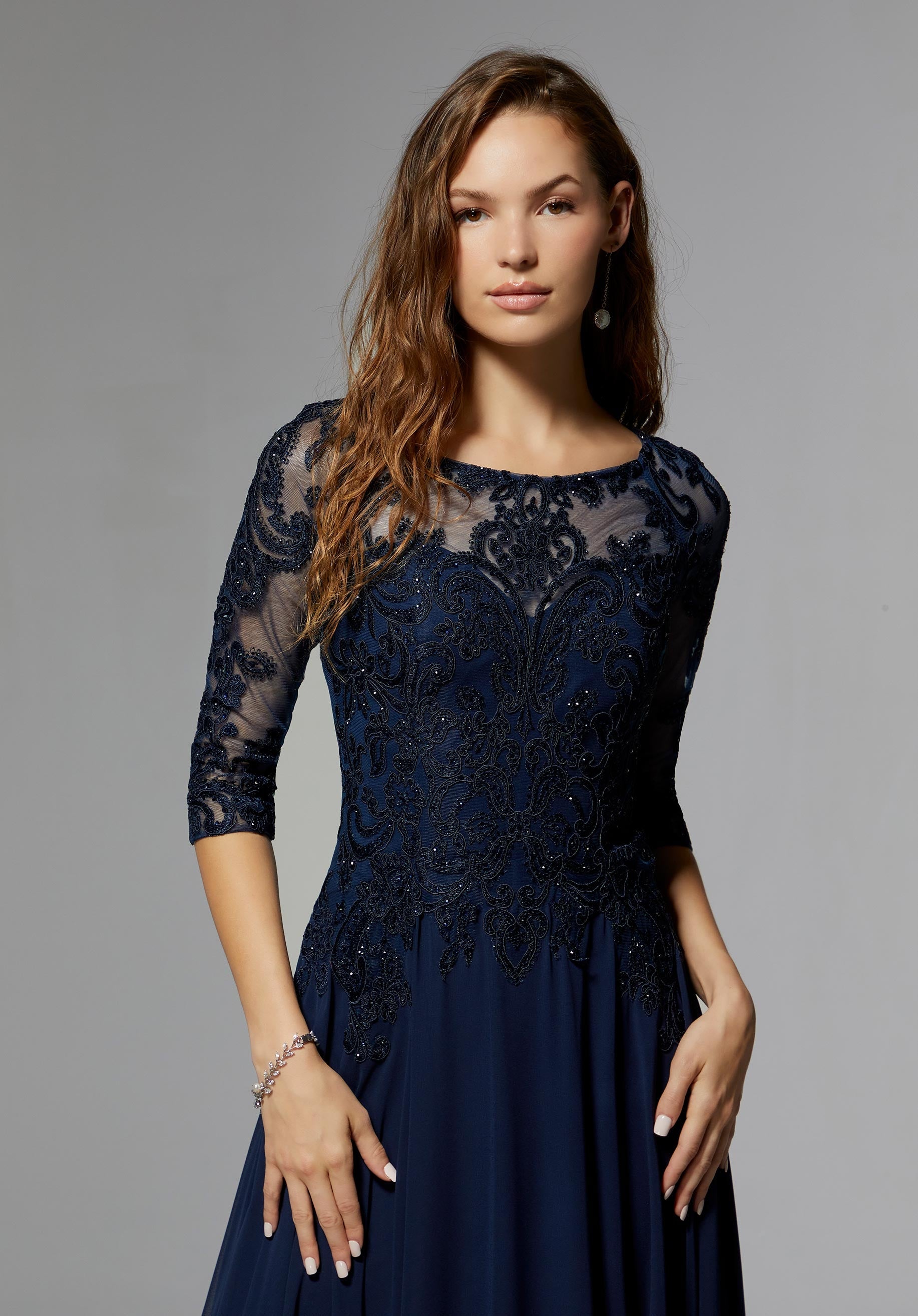 Chiffon Mother of the Occasion Gown with Beaded Bodice and 3/4 Illusion Sleeves Morilee