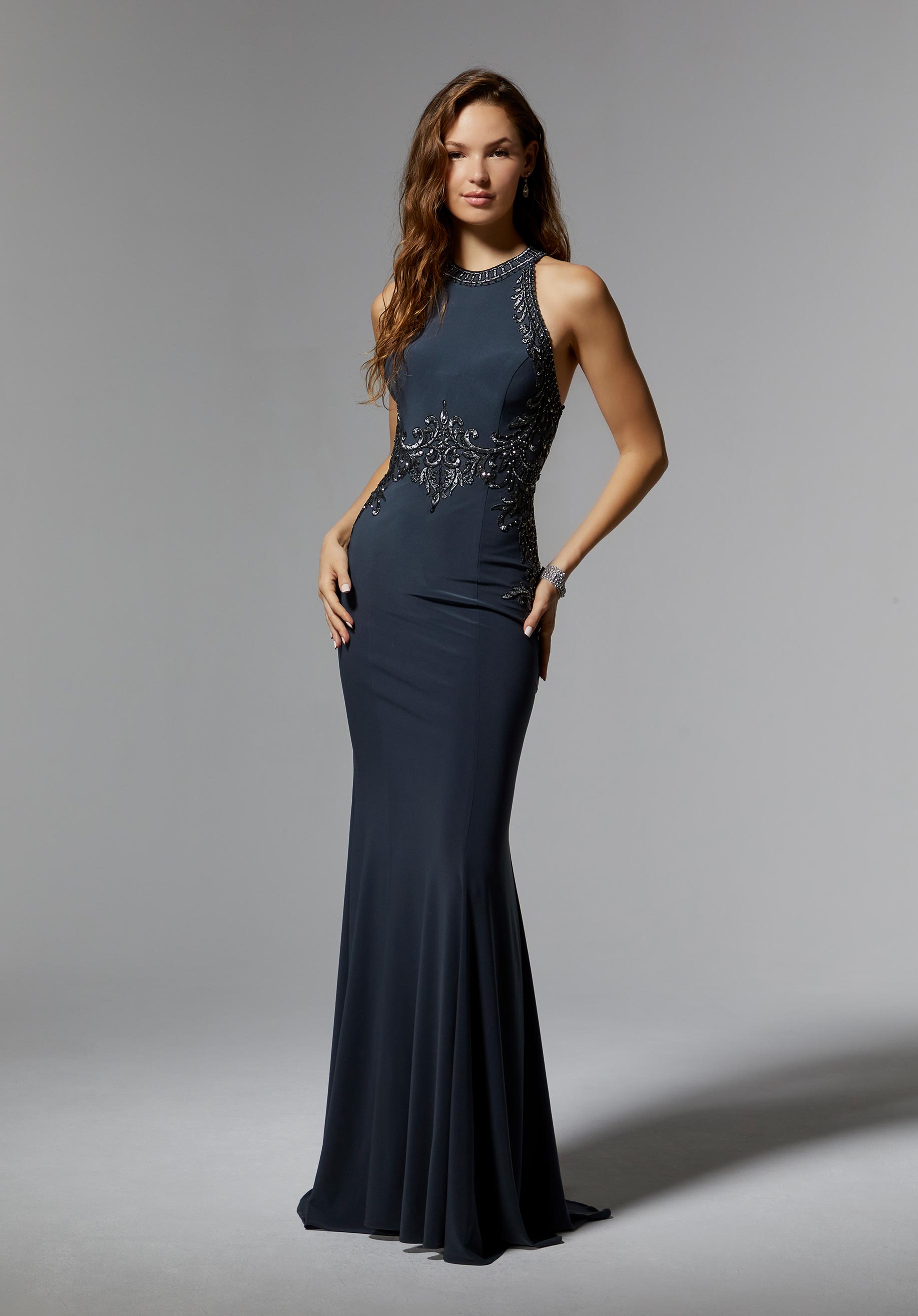 Form Fitting Jersey Special Occasion Dress with Crystal Beaded Embroidery Morilee