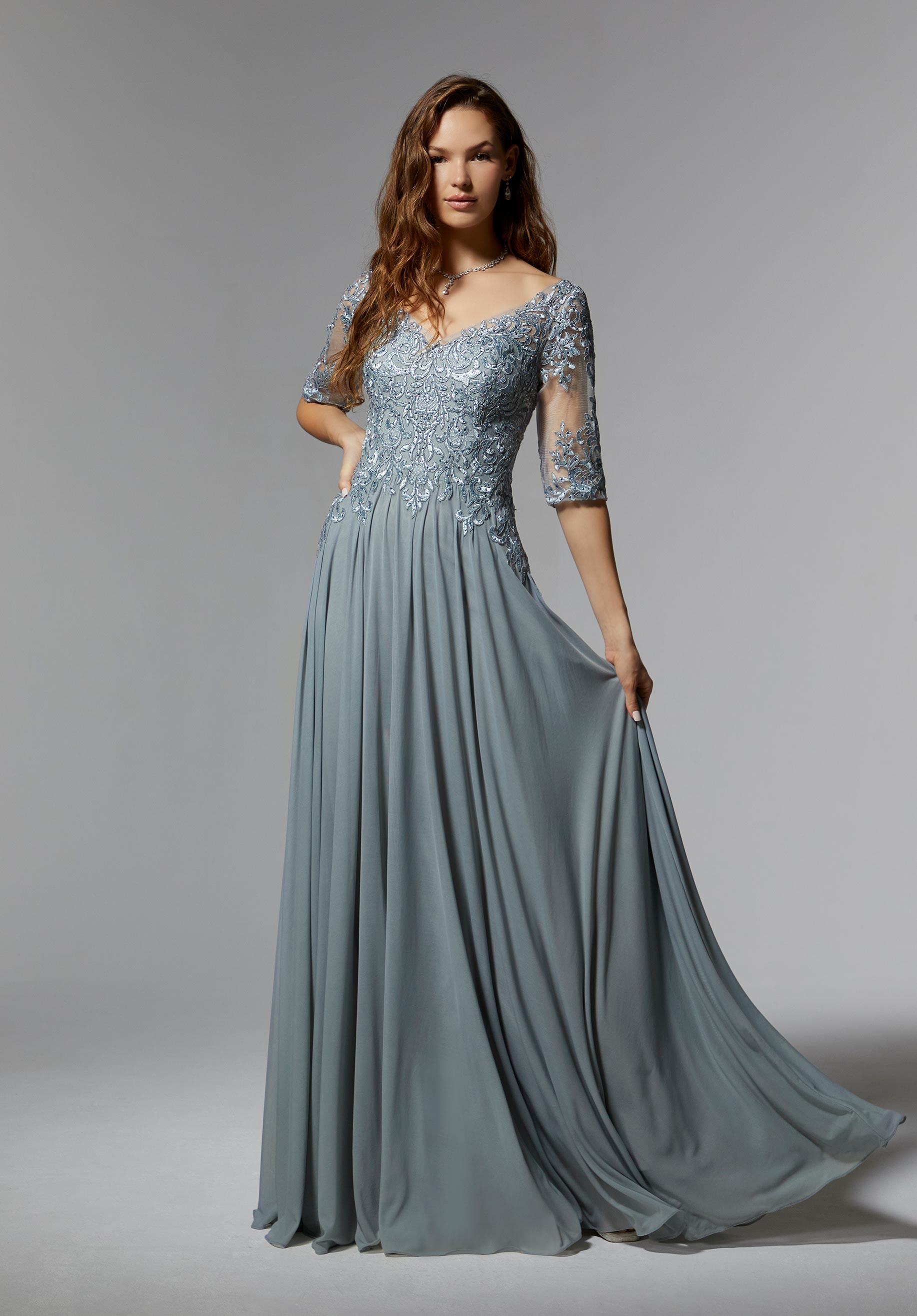 Stretch Mesh Special Occasion Dress with Beaded, Metallic Lace Appliqués Morilee