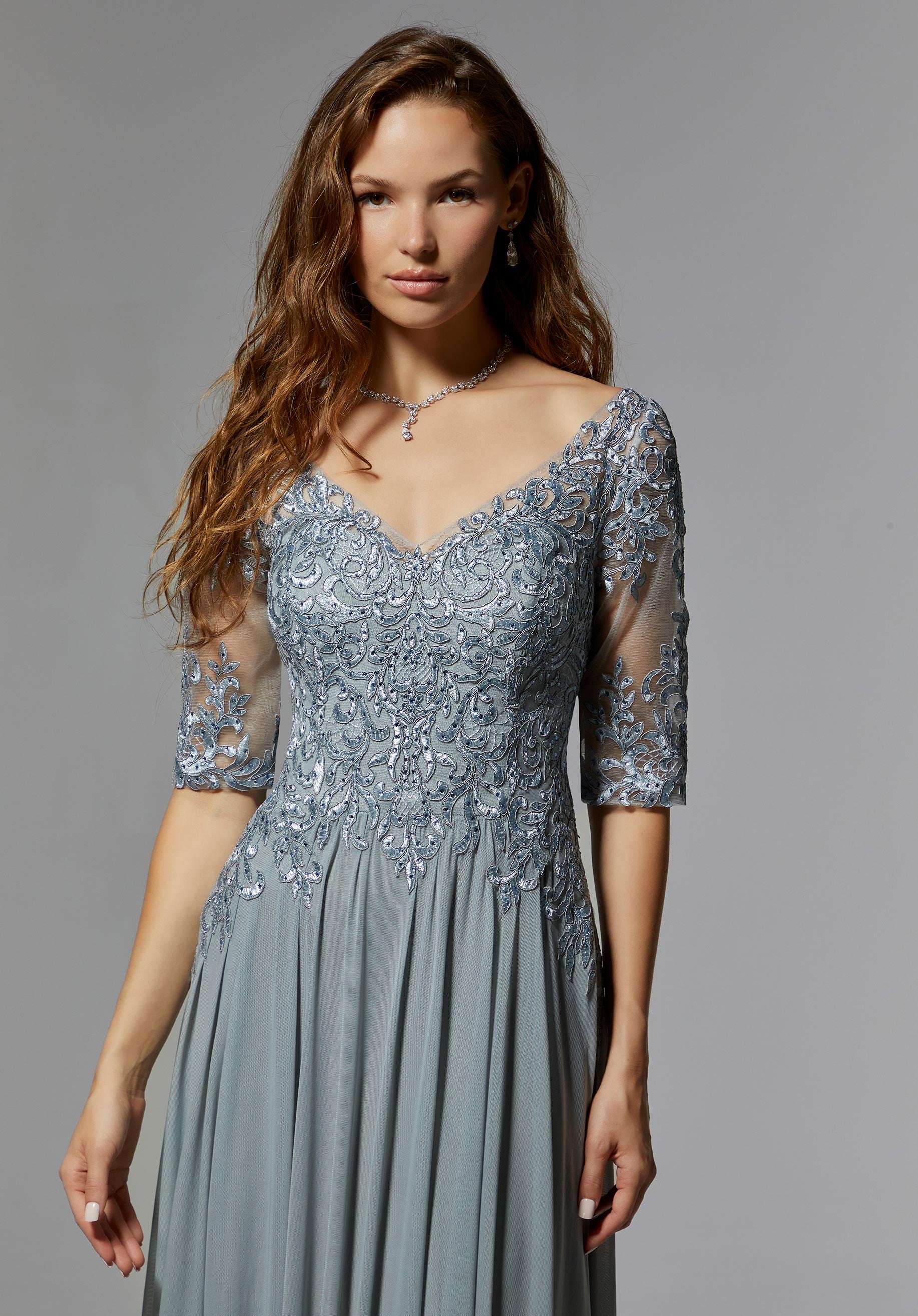 Stretch Mesh Special Occasion Dress with Beaded, Metallic Lace Appliqués Morilee