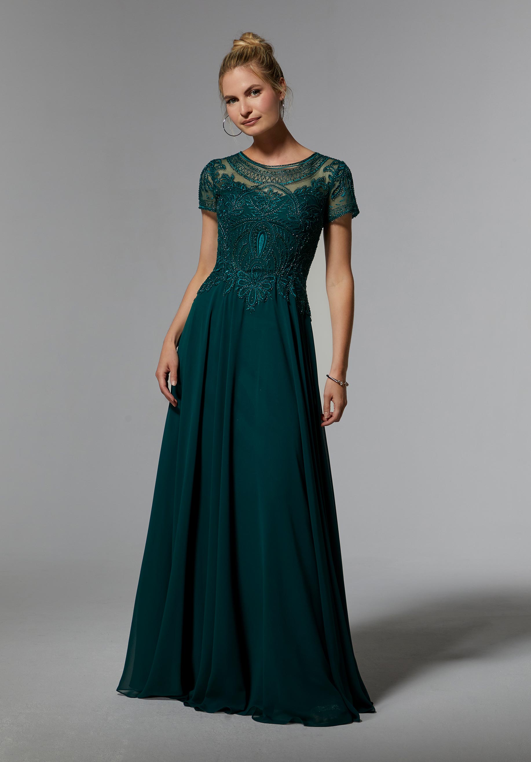 Chiffon Evening Gown with Beaded Embroidery on a Net Bodice Morilee