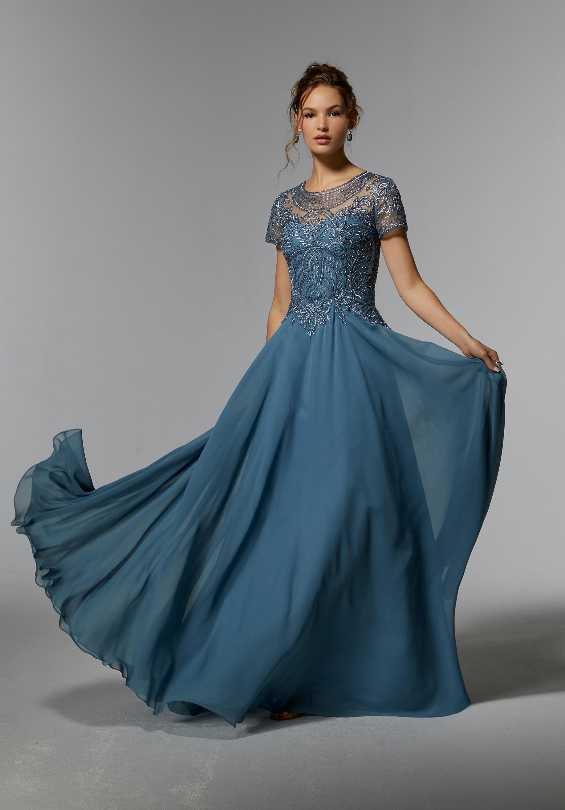 Chiffon Evening Gown with Beaded Embroidery on a Net Bodice Morilee