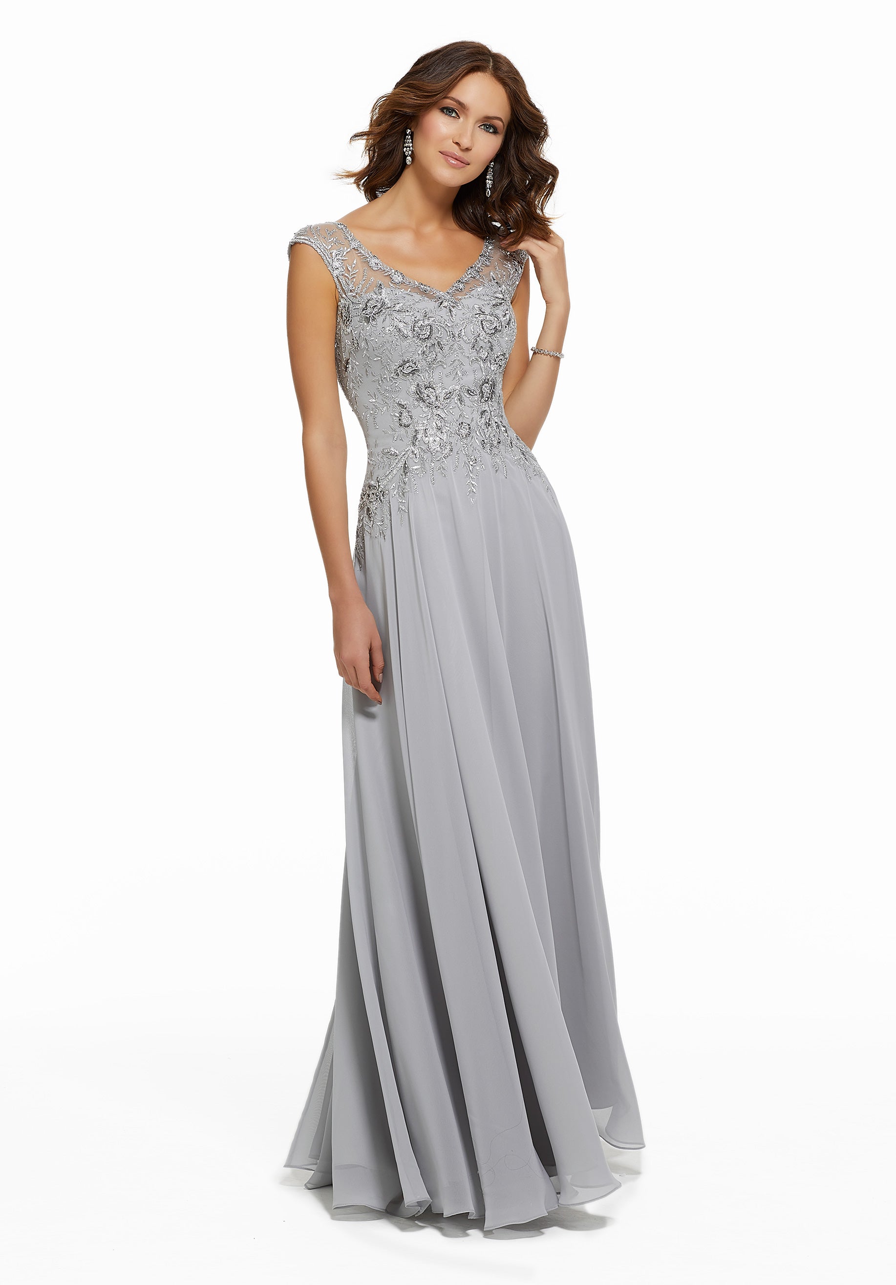 Beaded Lace Appliqués and Embroidery on Net Over Chiffon Morilee