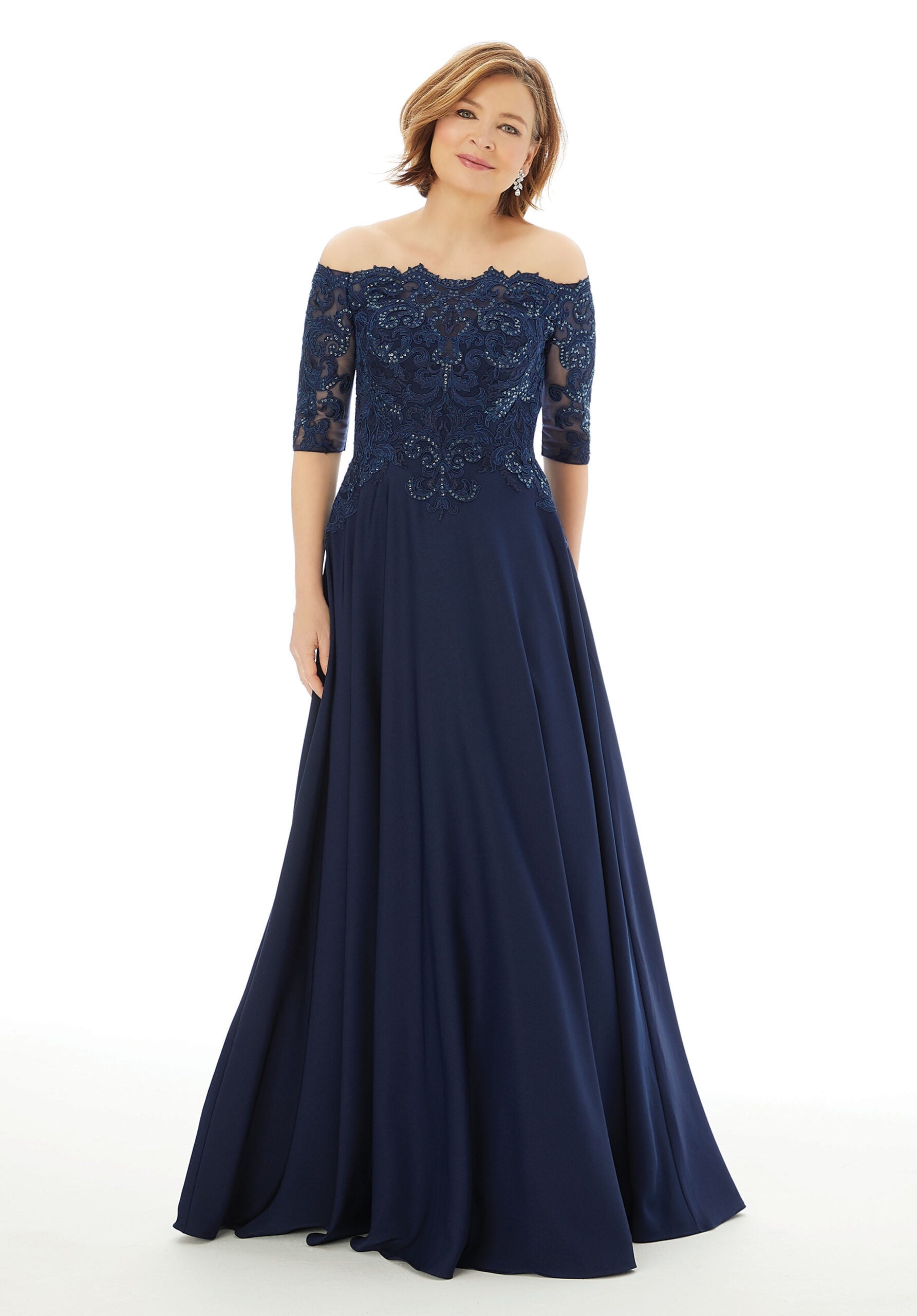 A-Line Evening Gown with Beading and Appliqués on Crepe Morilee