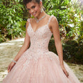 Crystal Beaded Lace Appliqués on a Tulle Over Chantilly Lace Ballgown Morilee