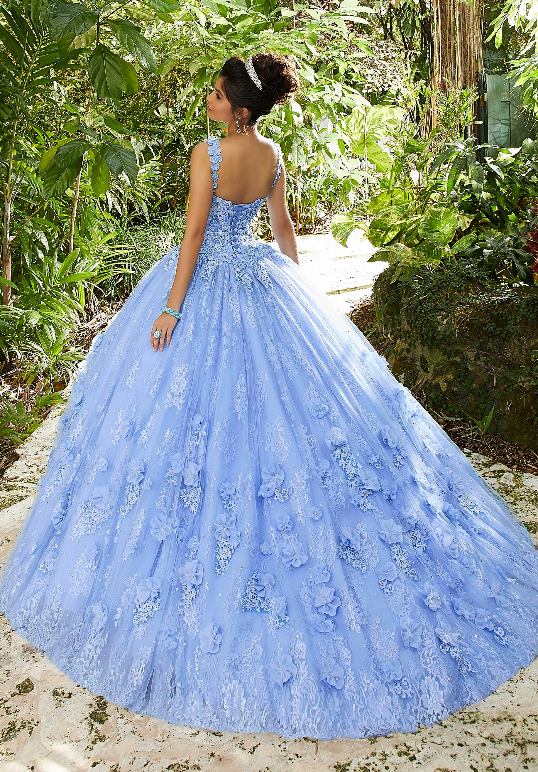 Crystal Beaded Lace Appliqués on a Tulle Over Chantilly Lace Ballgown Morilee