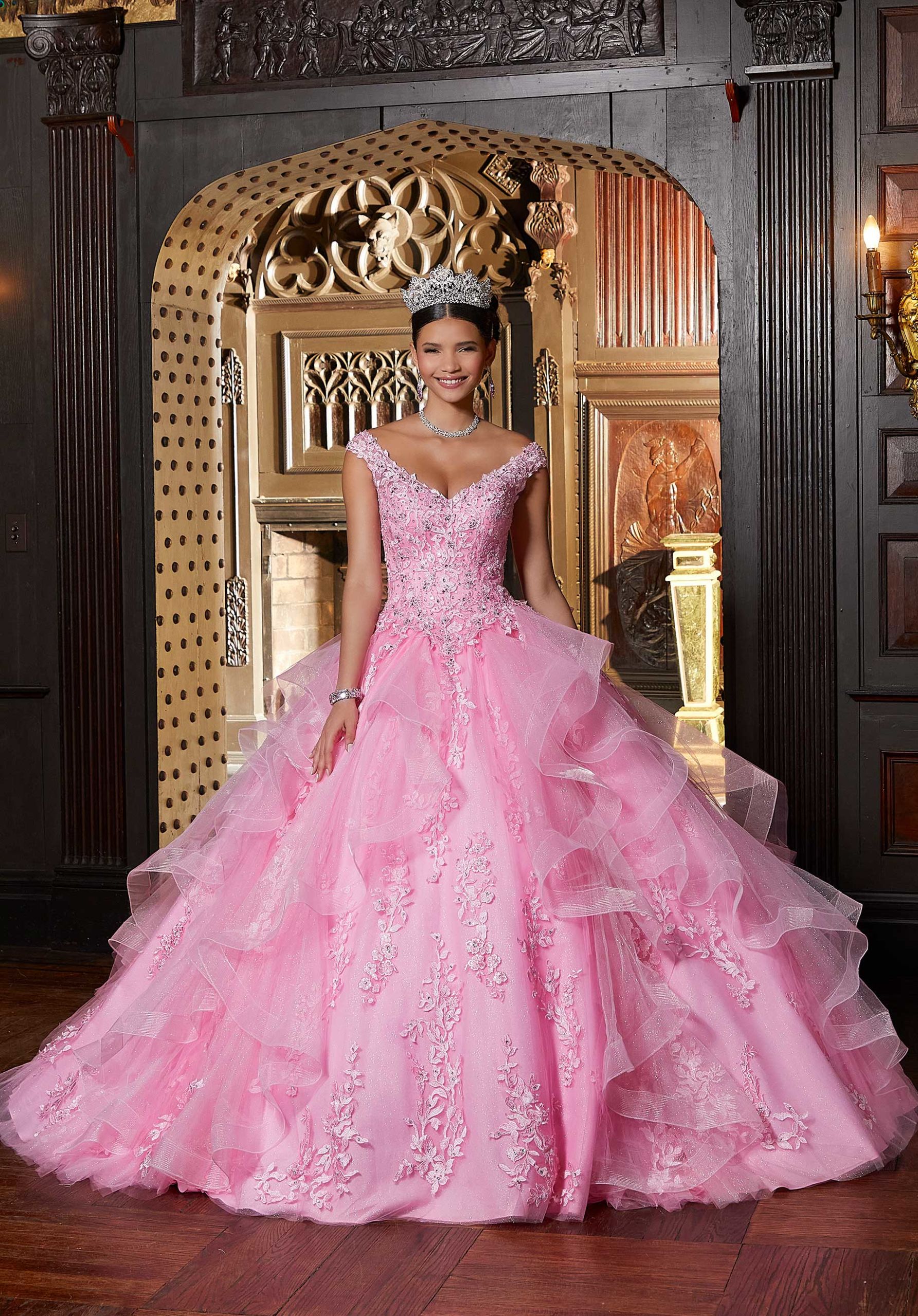 This Vizcaya Collection dress is available in purple, pink, and yellow.