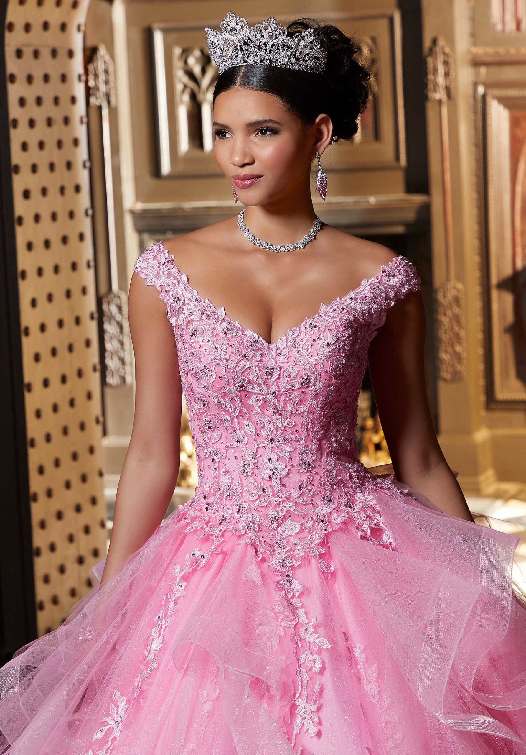 This Vizcaya Collection dress is available in purple, pink, and yellow.