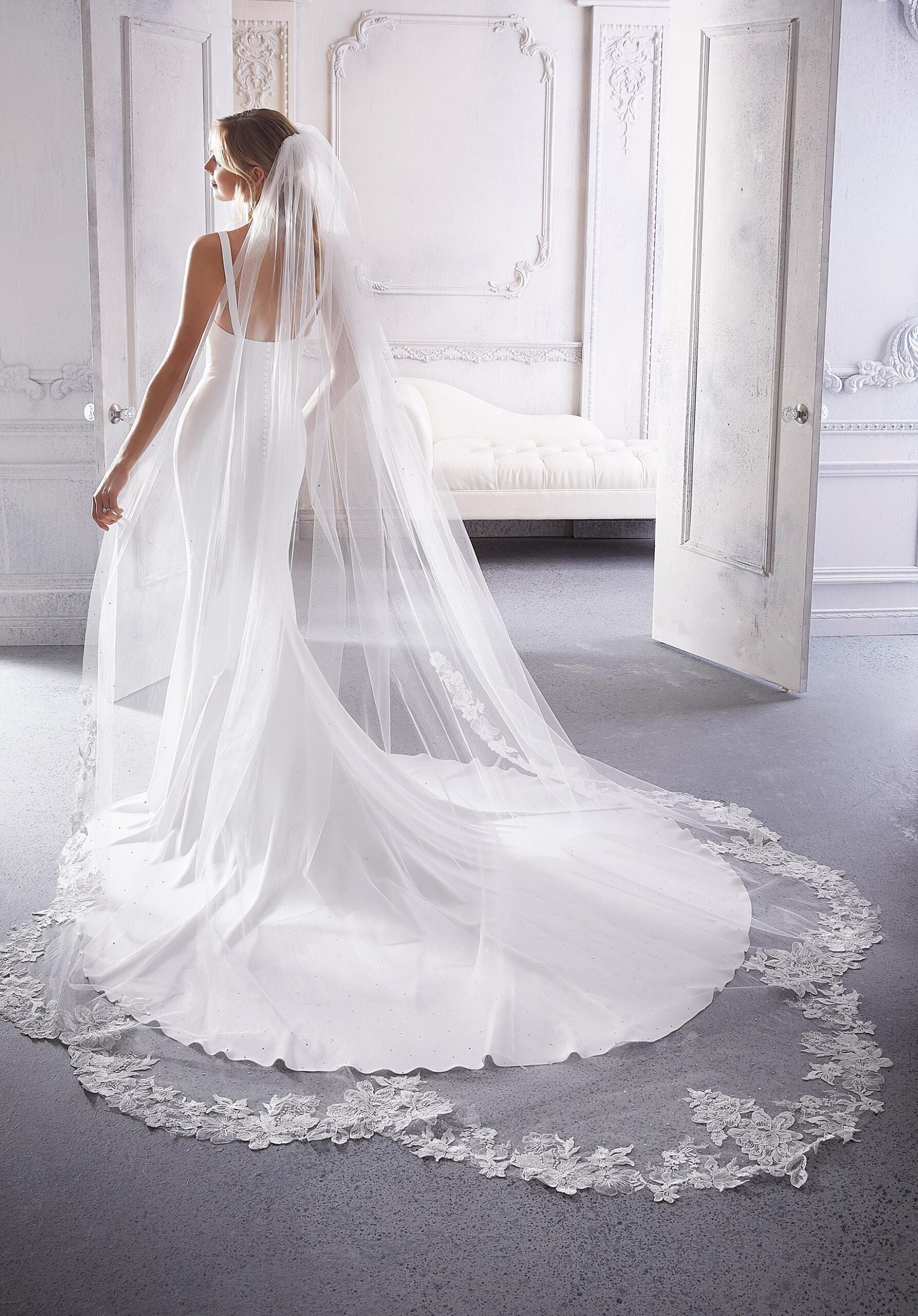 Cathedral Length Lace Veil Lightly Beaded with Rhinestones Madeline Gardner