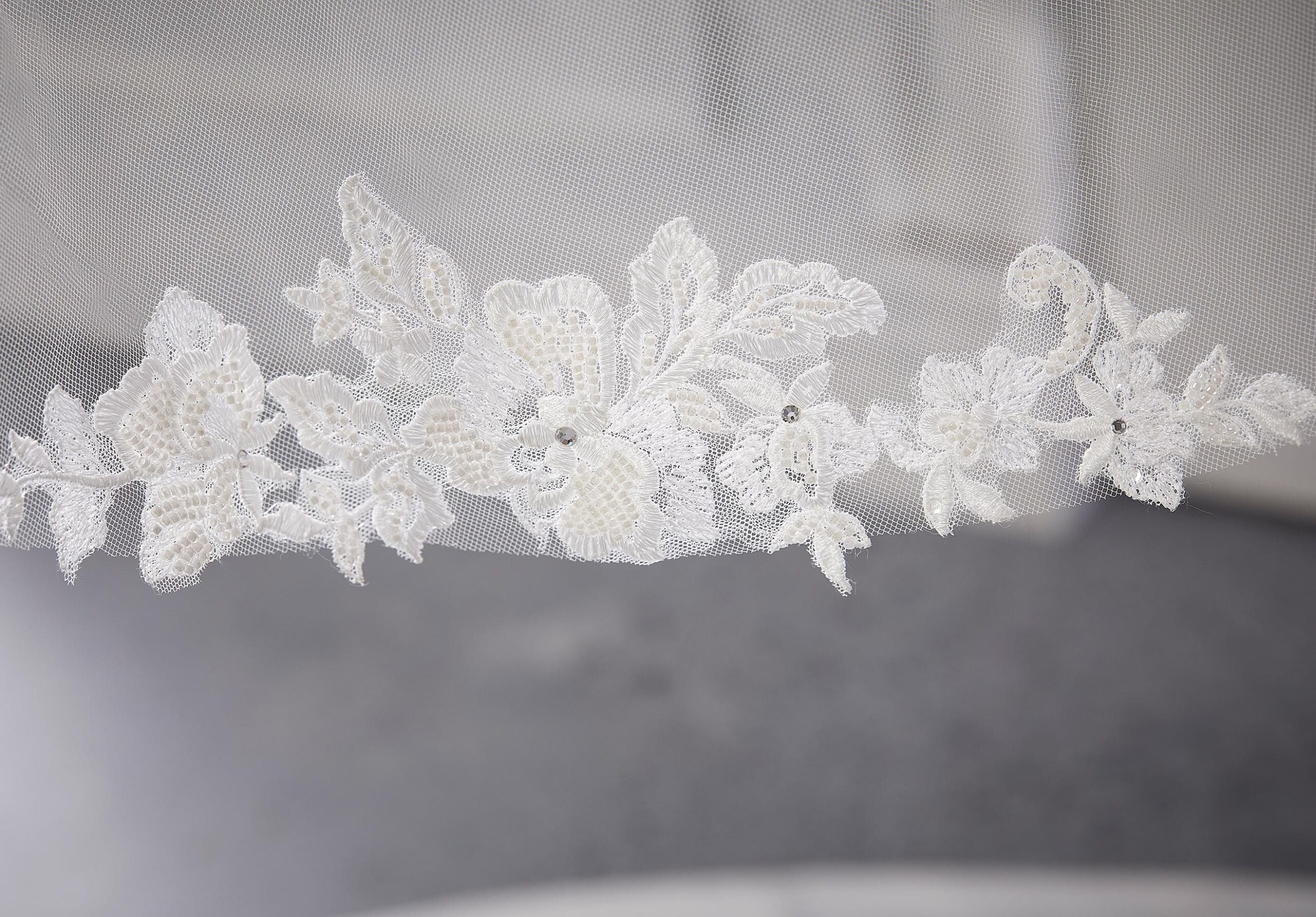 Fingertip Veil Edged with Lace Appliqués with Beads and Sequins Madeline Gardner