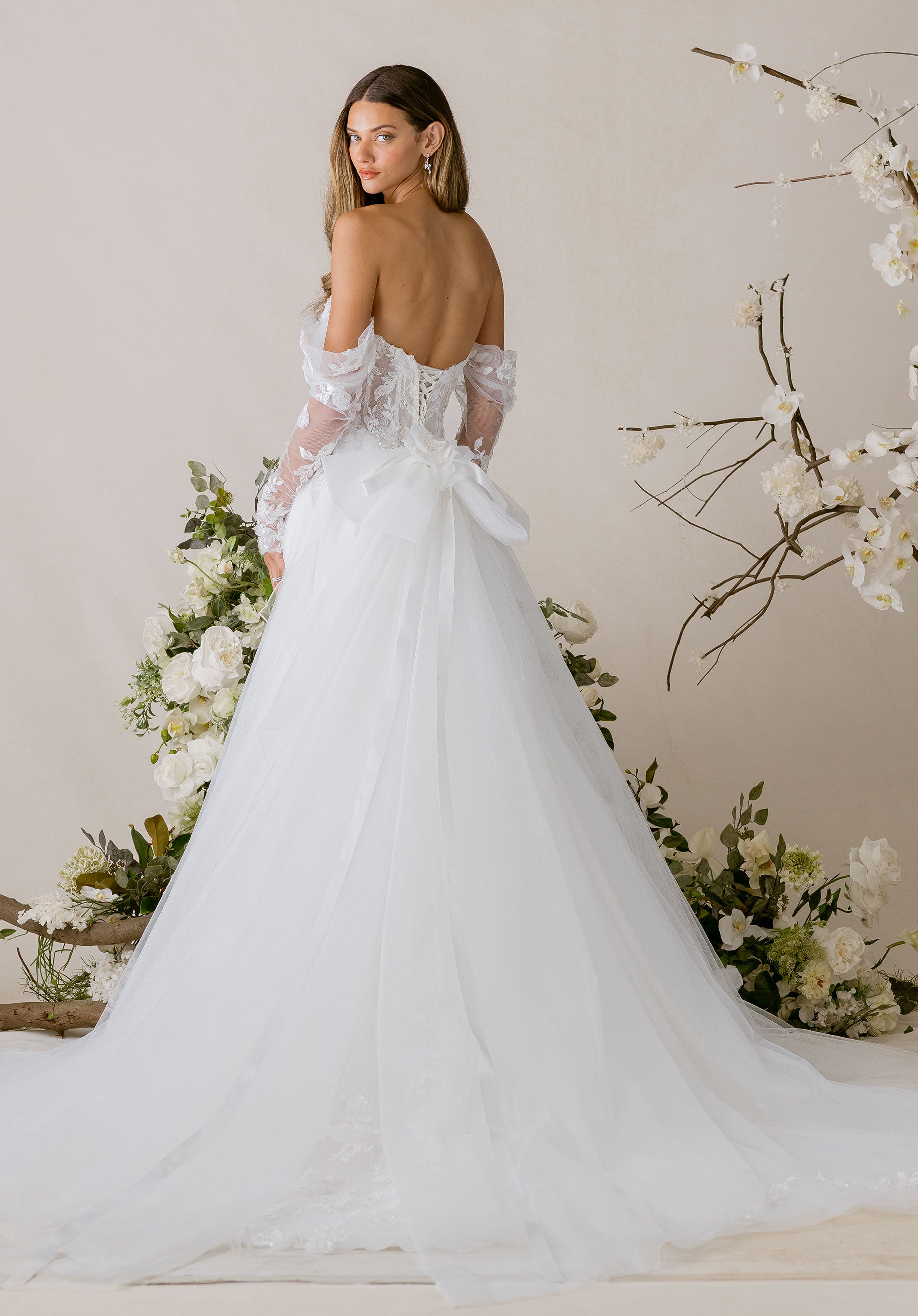 Draped Off The Shoulder Tulle Appliquéd Sleeves