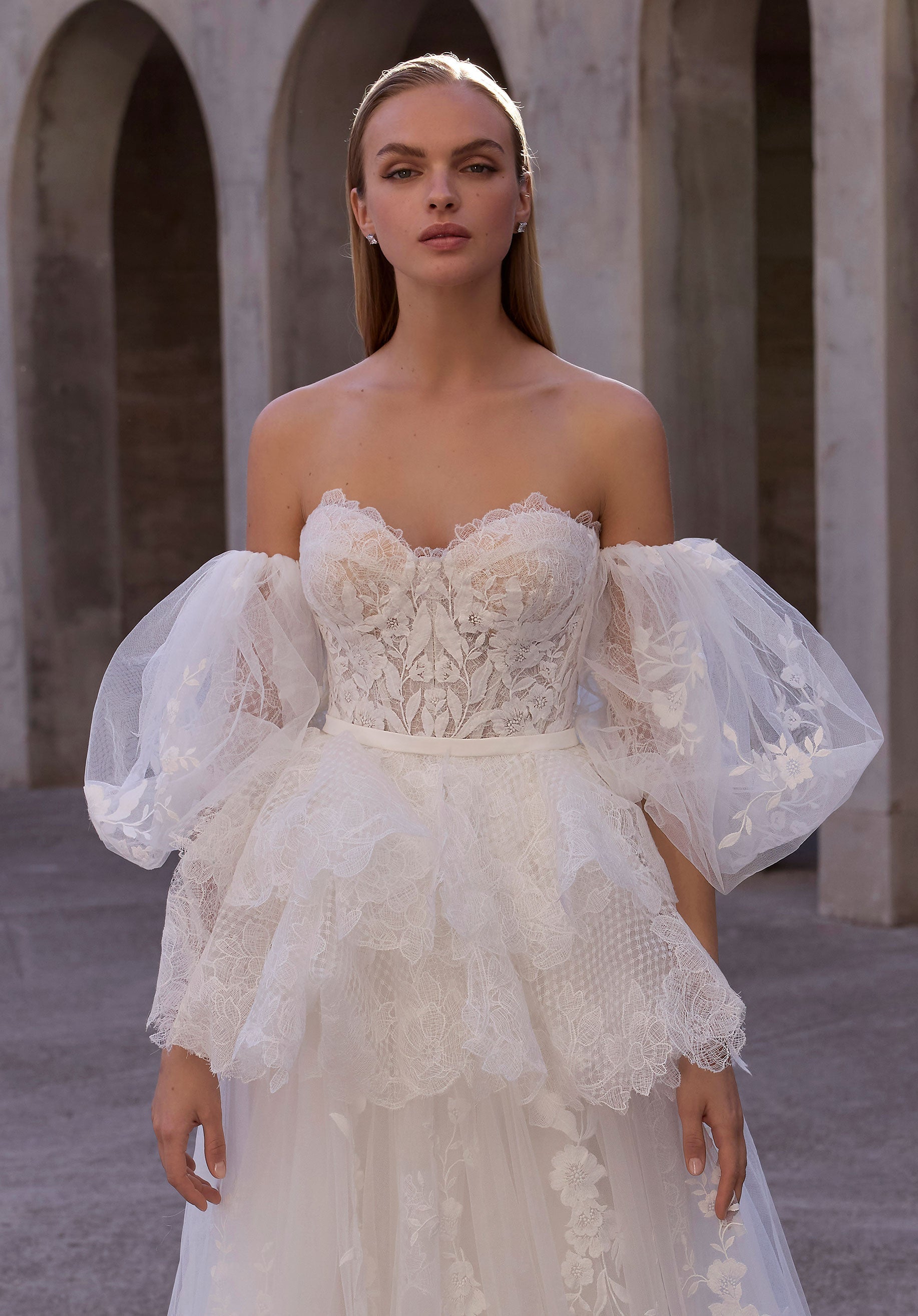 Threadwork Floral Tulle Puff Sleeves Morilee