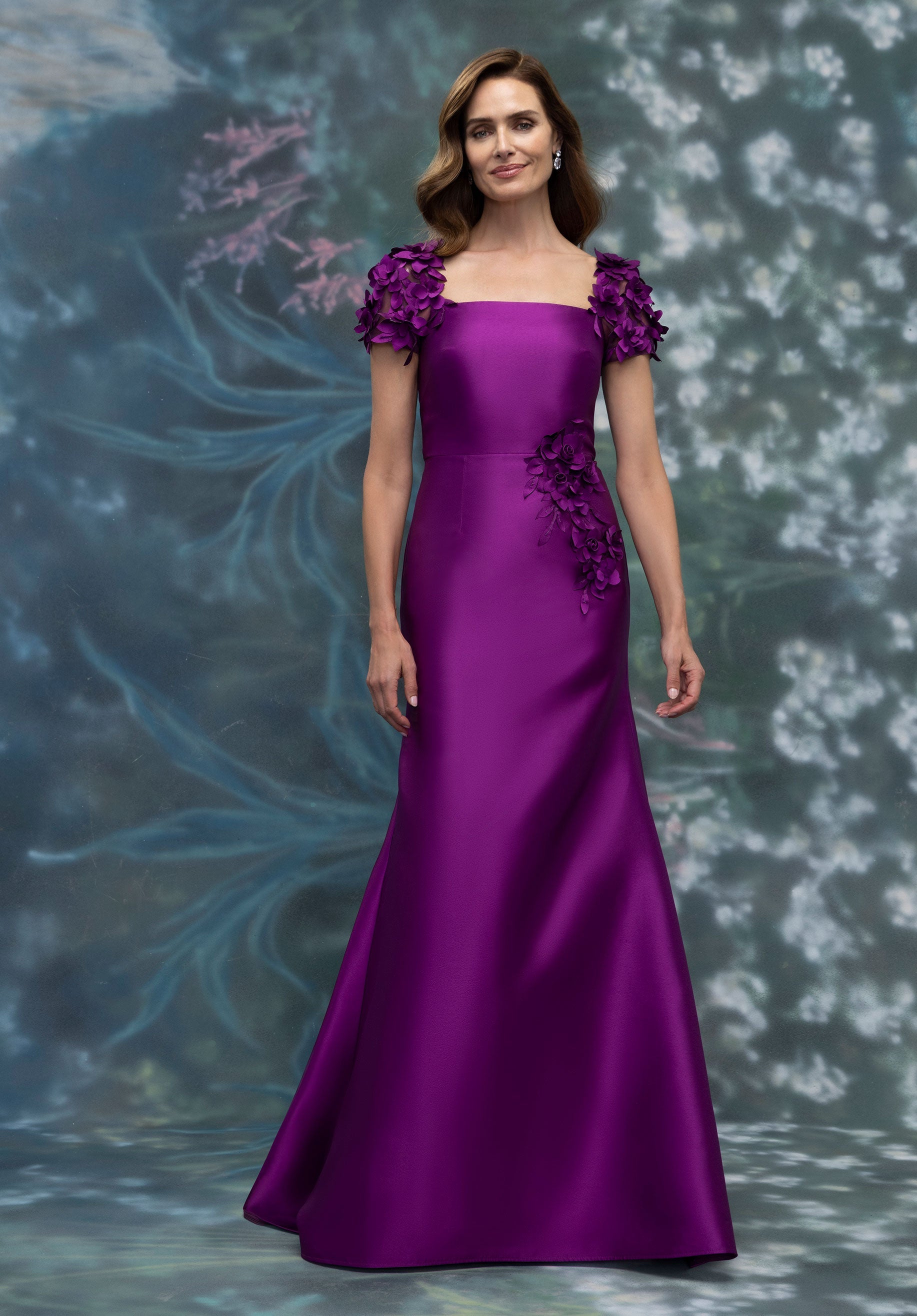 Square Neck Mikado Floral Embroidered Evening Gown
