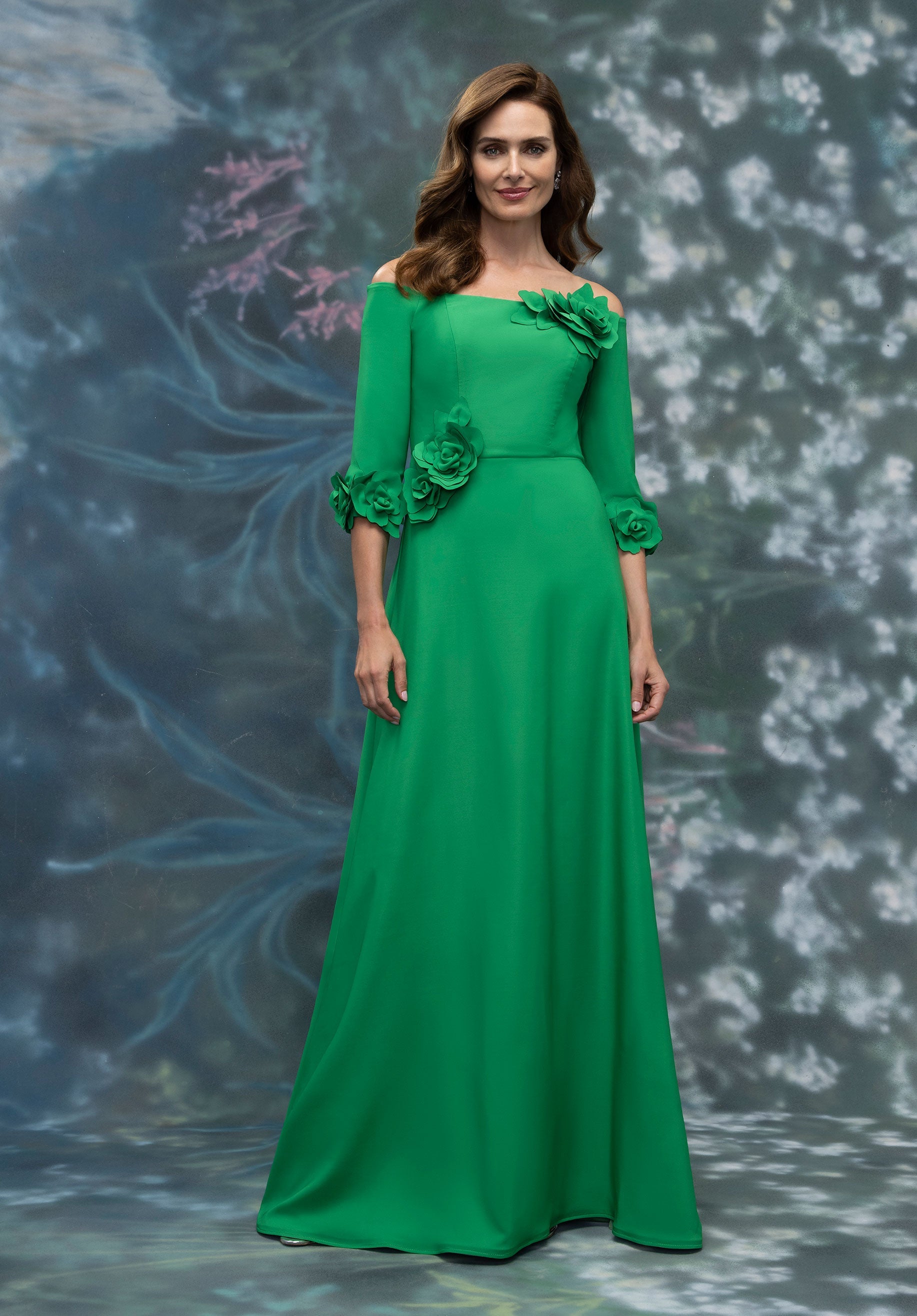 Off The Shoulder Stretch Crepe Evening Gown with 3D Florals