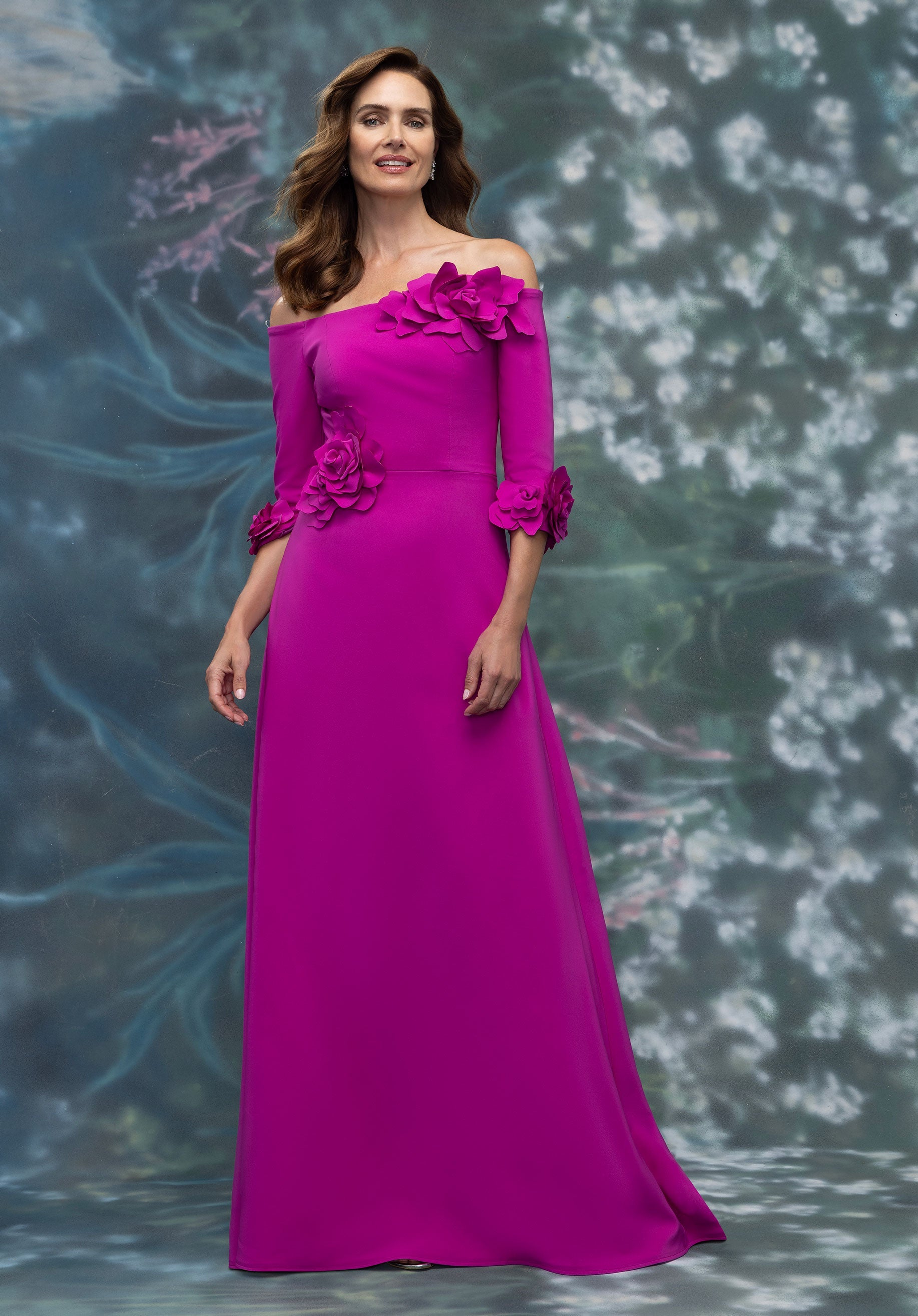 Off The Shoulder Stretch Crepe Evening Gown with 3D Florals