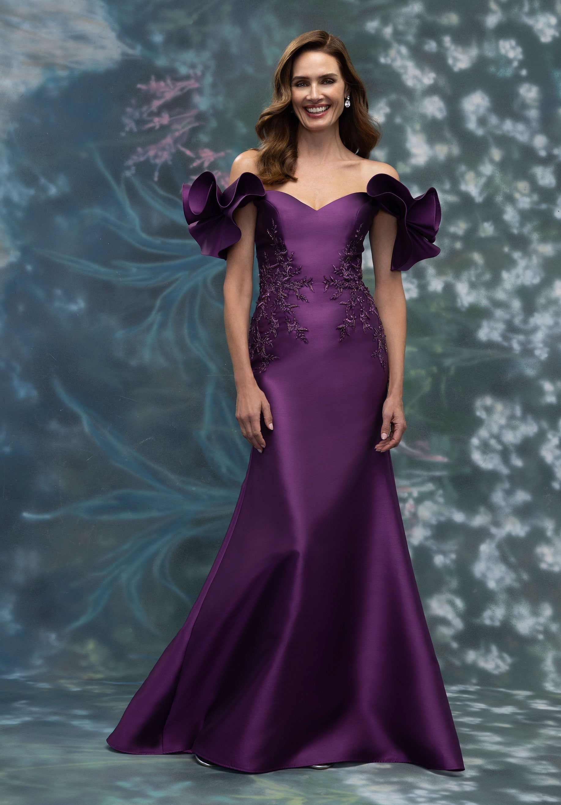 Ruffle Shoulder Mikado Evening Gown with Beaded Embroidery