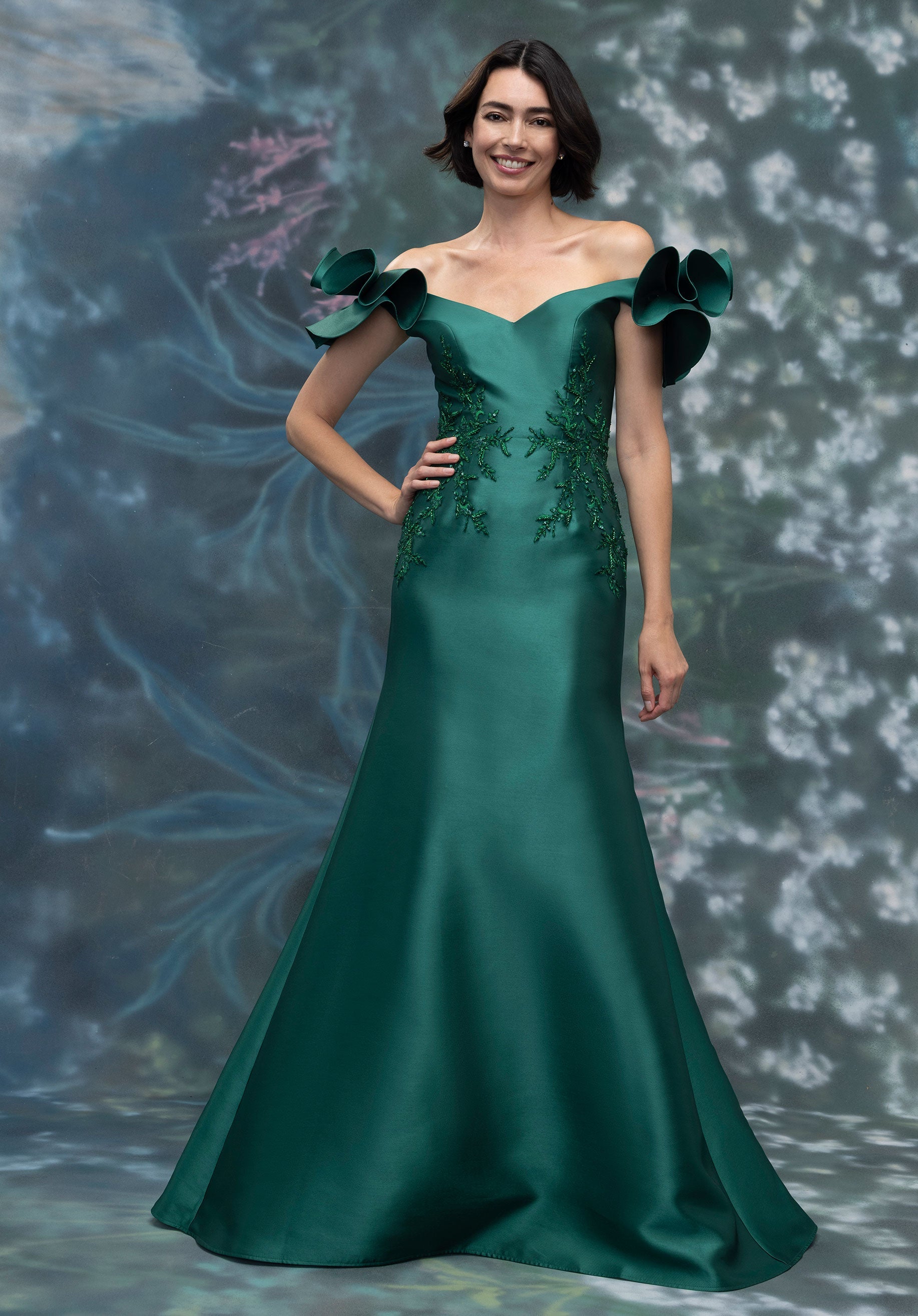 Ruffle Shoulder Mikado Evening Gown with Beaded Embroidery