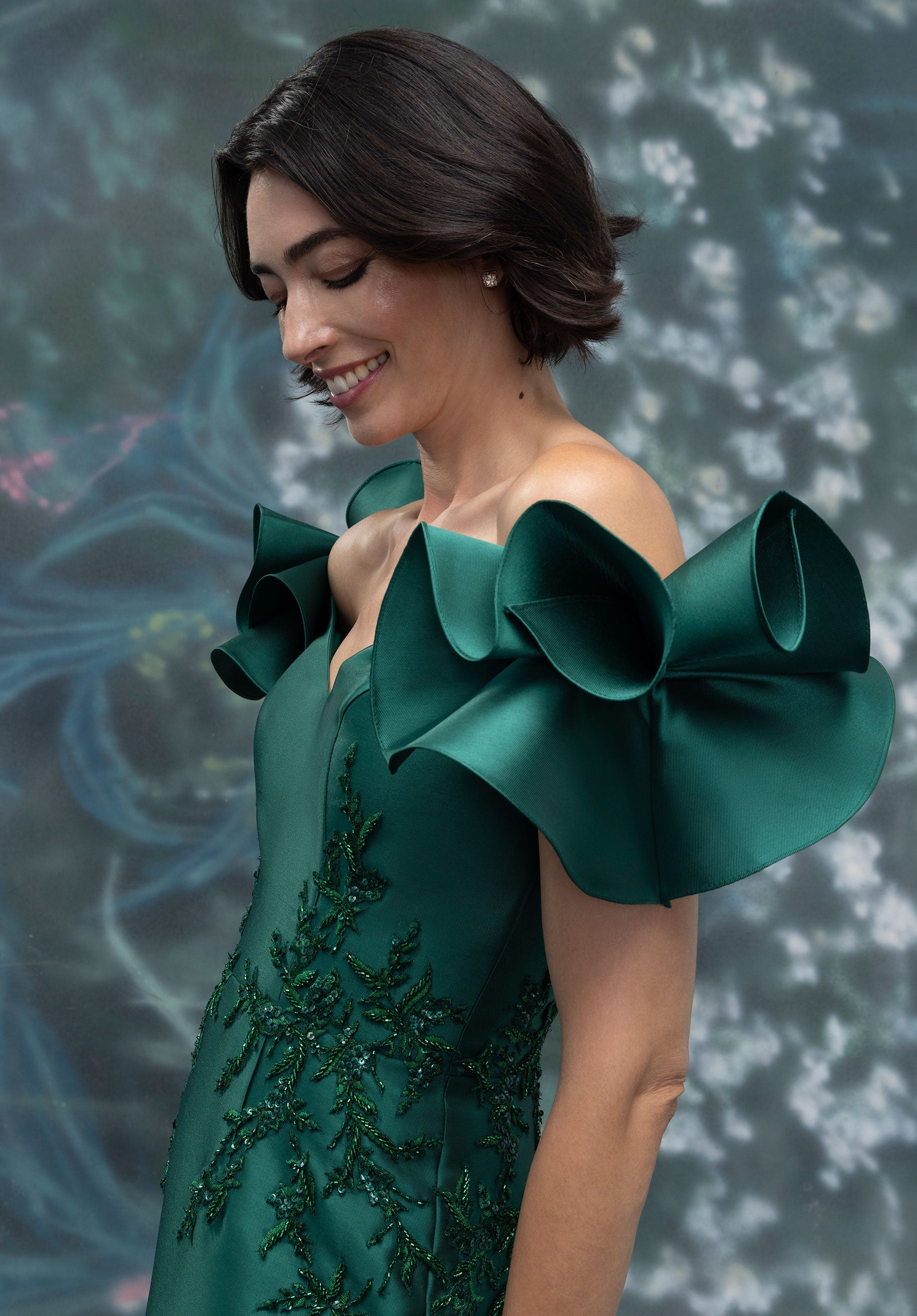 Ruffle Shoulder Mikado Evening Gown with Beaded Embroidery