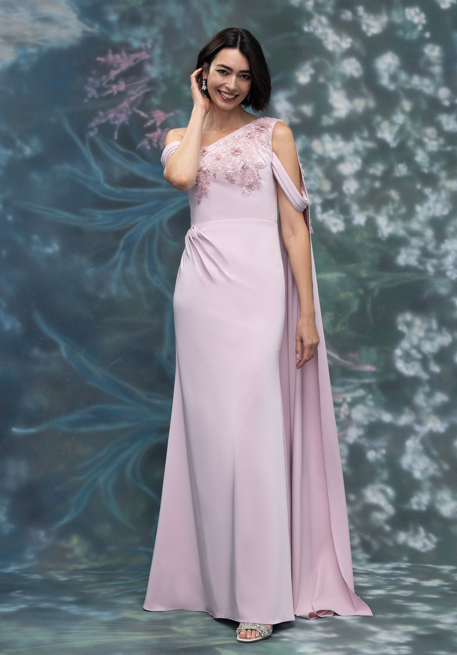 One Shoulder Drape Beaded Embroidered Crepe Evening Gown