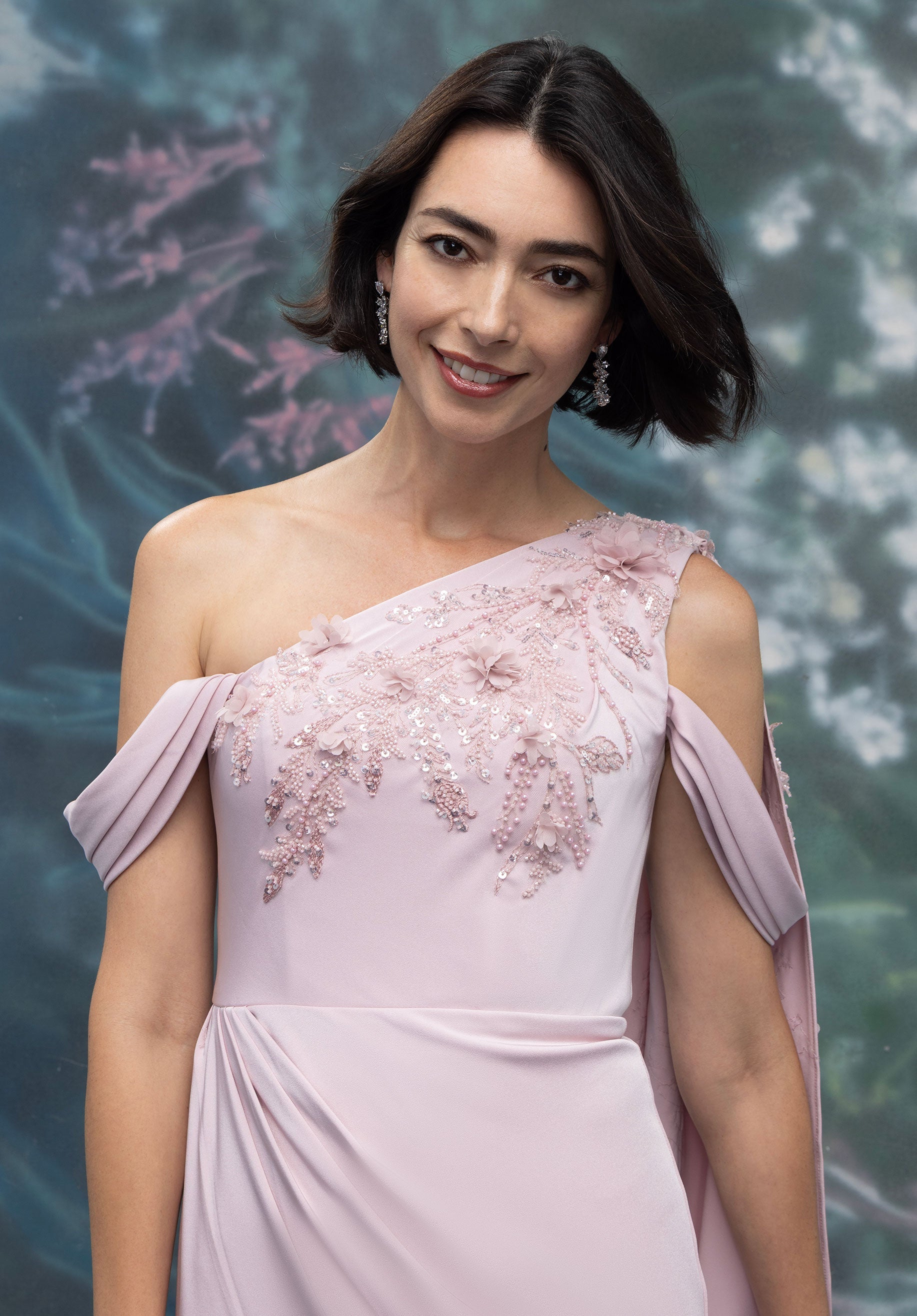 One Shoulder Drape Beaded Embroidered Crepe Evening Gown