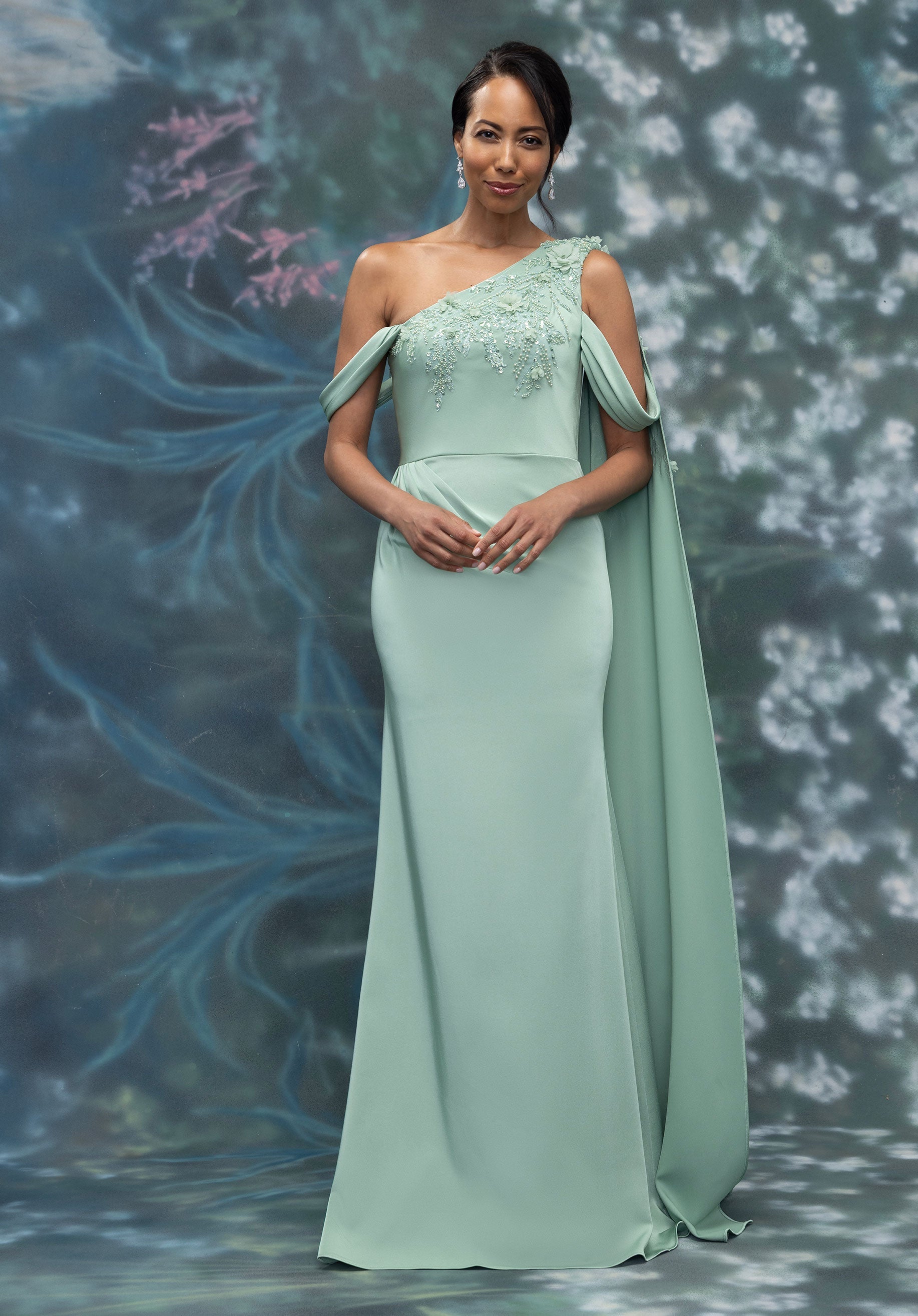 One Shoulder Drape Beaded Embroidered Crepe Evening Gown